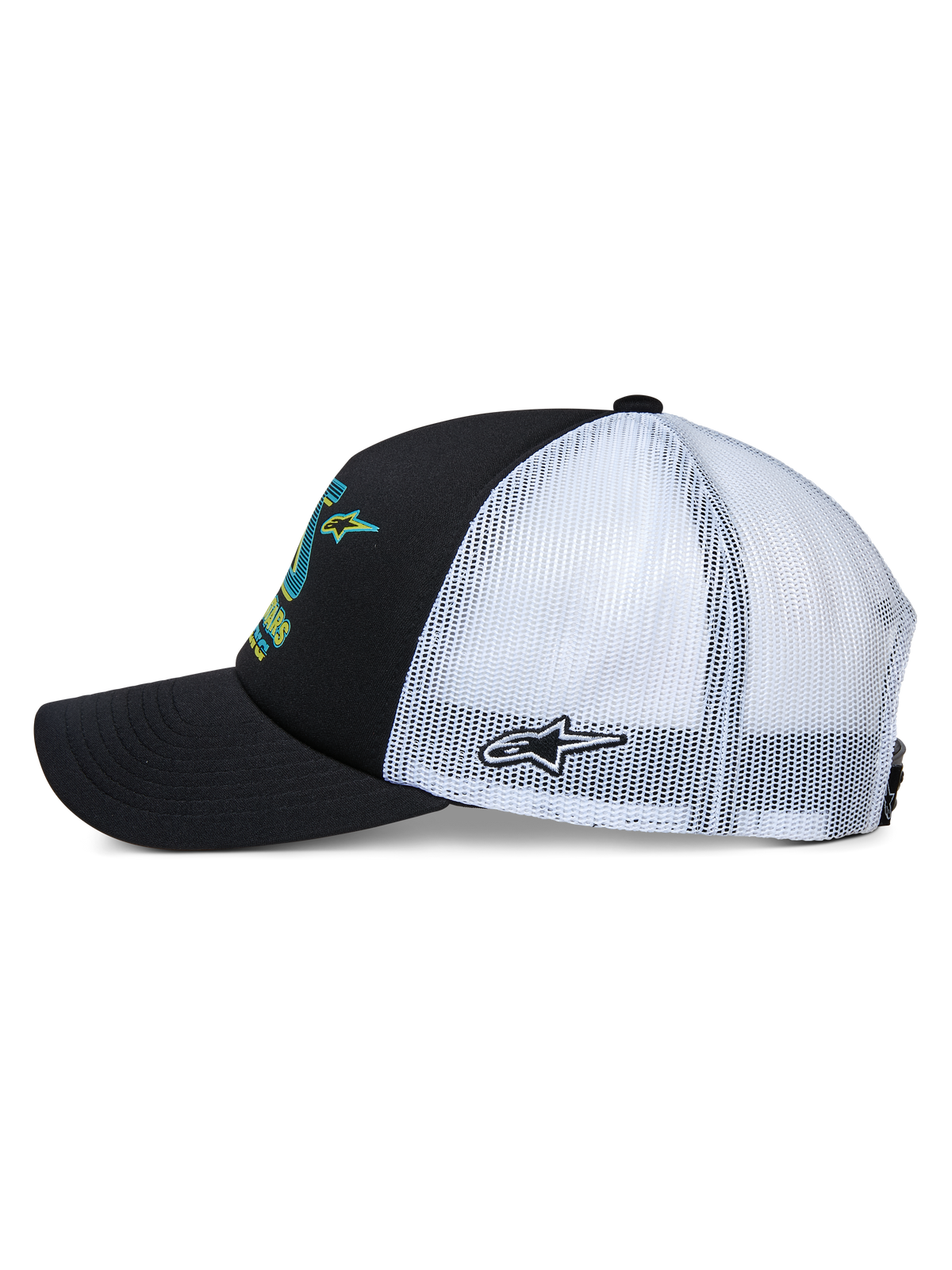 Alpinestars Ayess Trucker Hat, Side View, Black front and curved bill with white mesh back, featuring colorful front graphics and side star embroidery, casual motorsport-inspired headwear