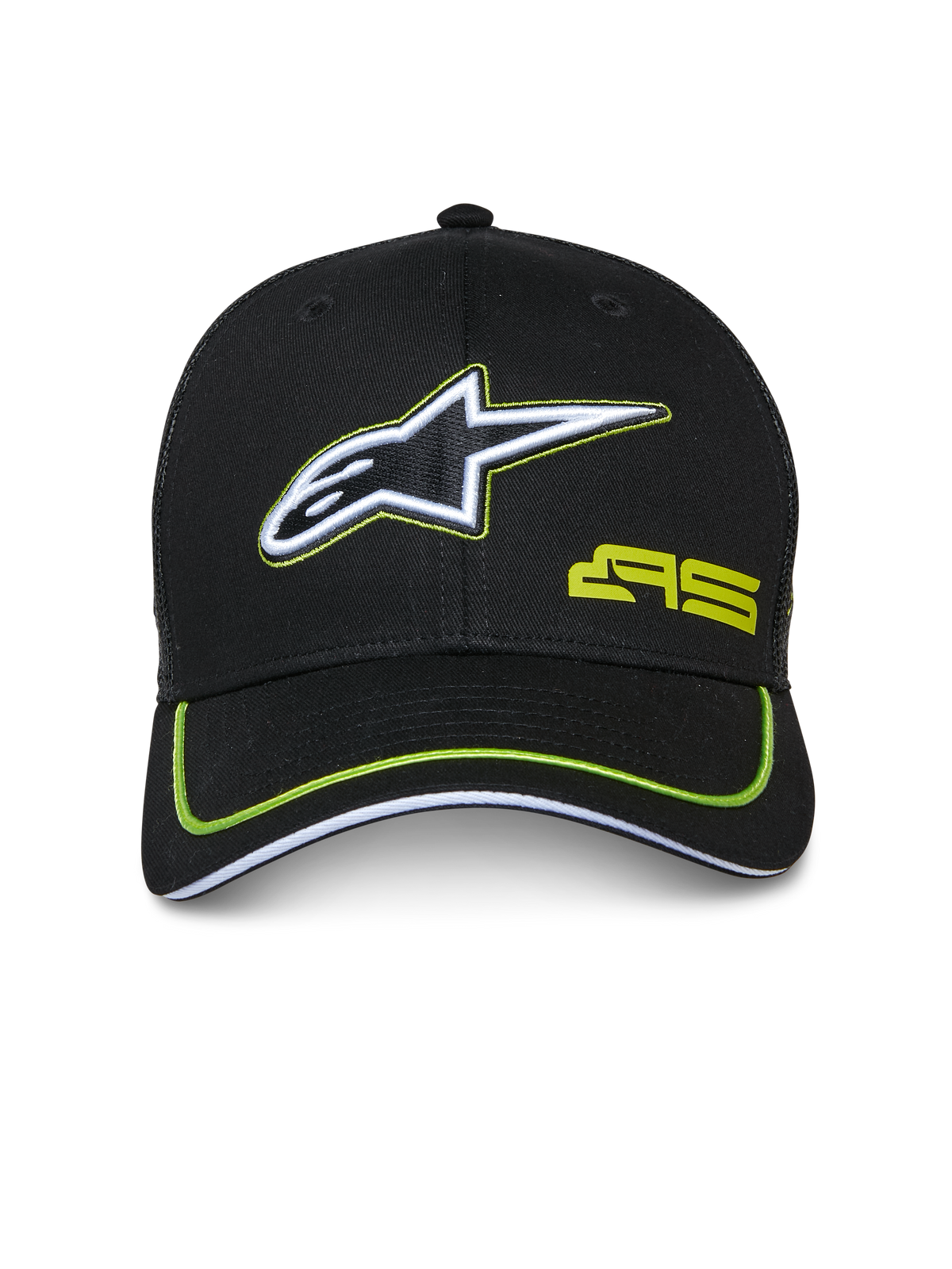 Alpinestars Exceed Trucker Hat, gorra trucker negra con detalles en verde lima, cuenta con el logotipo de la estrella bordado en blanco y negro, logo AS en verde lima, visera curva con ribete de neón, accesorio casual inspirado en el automovilismo