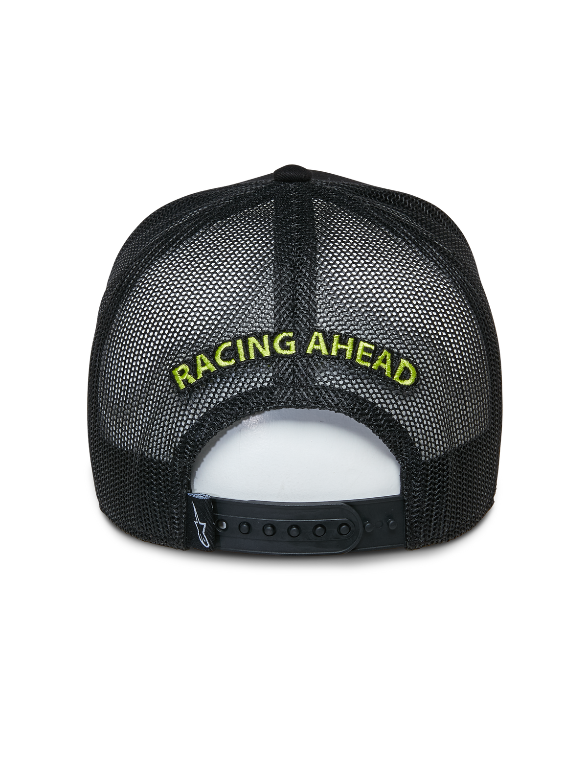 Alpinestars Exceed Trucker Hat, gorra trucker negra, vista trasera que muestra los paneles de malla y el cierre ajustable snapback, bordado 'RACING AHEAD' en verde lima, accesorio casual inspirado en el automovilismo