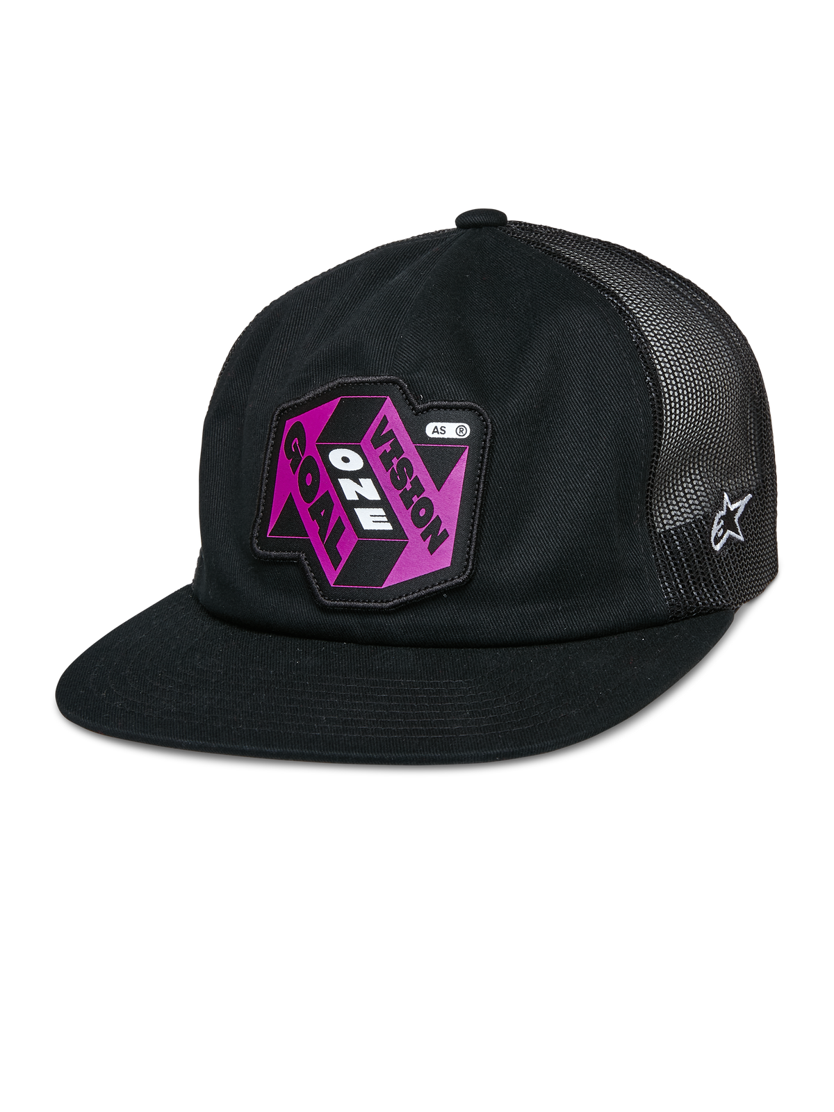 Gorra Trucker Alpinestars That Way, gorra snapback negra con panel de malla trasera, visera plana, parche rosa y morado 'Vision One Goal', logotipo de estrella blanca de Alpinestars, ropa deportiva casual