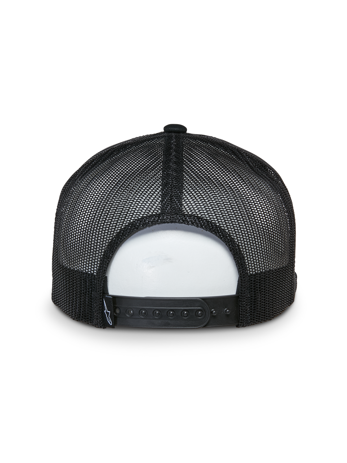 Gorra Trucker That Way de Alpinestars, vista trasera, negra, paneles de malla traseros con cierre snapback ajustable, pequeña etiqueta con logo tejido, accesorio para la cabeza casual inspirado en el motorsport