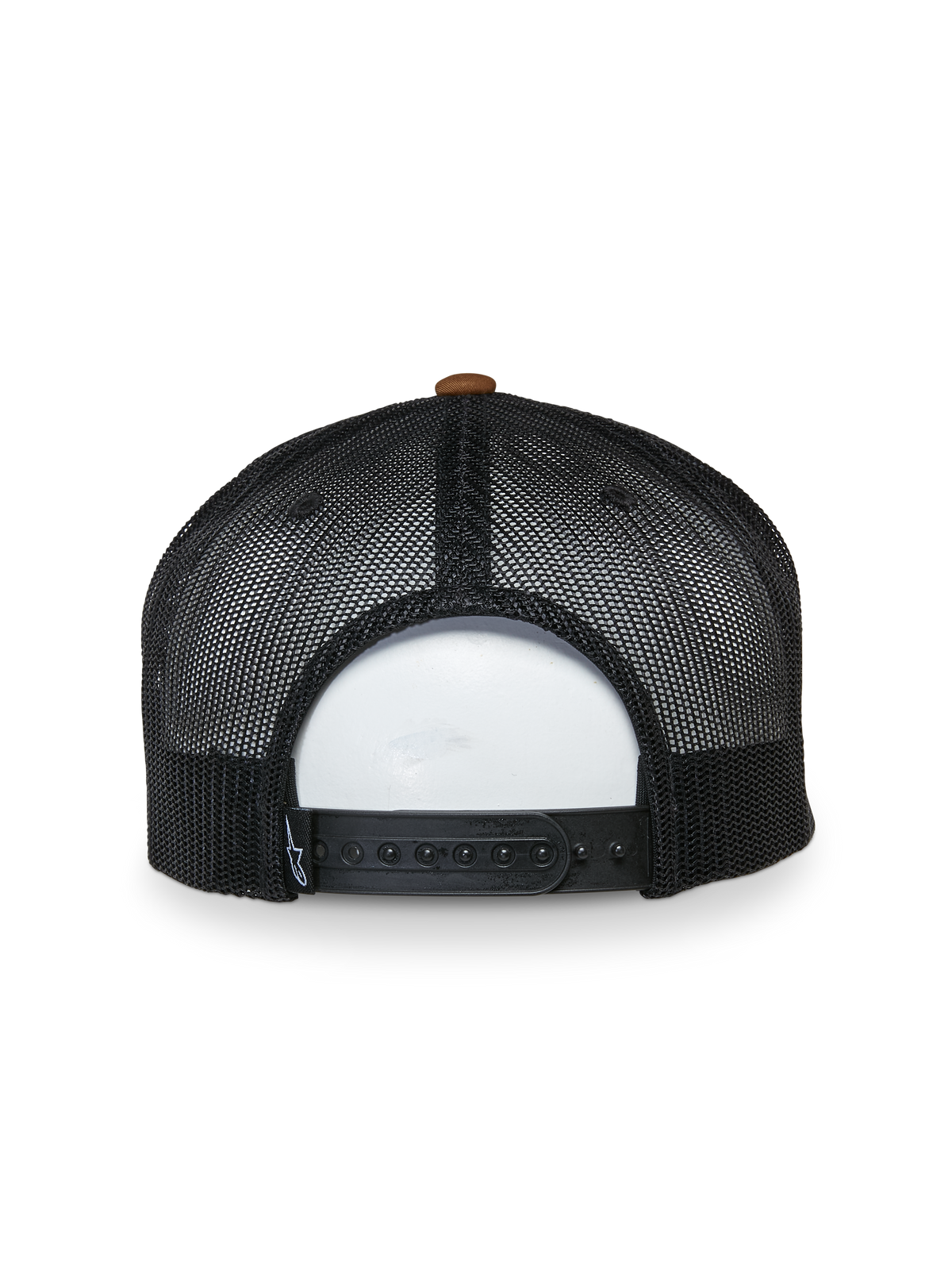 Gorra Trucker Mackinic de Alpinestars, vista trasera, paneles de malla negros con botón superior marrón, cierre snapback ajustable, accesorio de ropa deportiva casual