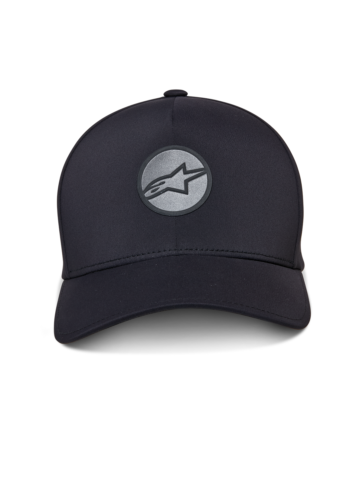 Gorra Alpinestars Apex, gorra deportiva negra, visera curva y copa estructurada, logotipo Astar reflectante soldado en la parte frontal sobre un parche circular, construcción sin costuras con un diseño atlético moderno