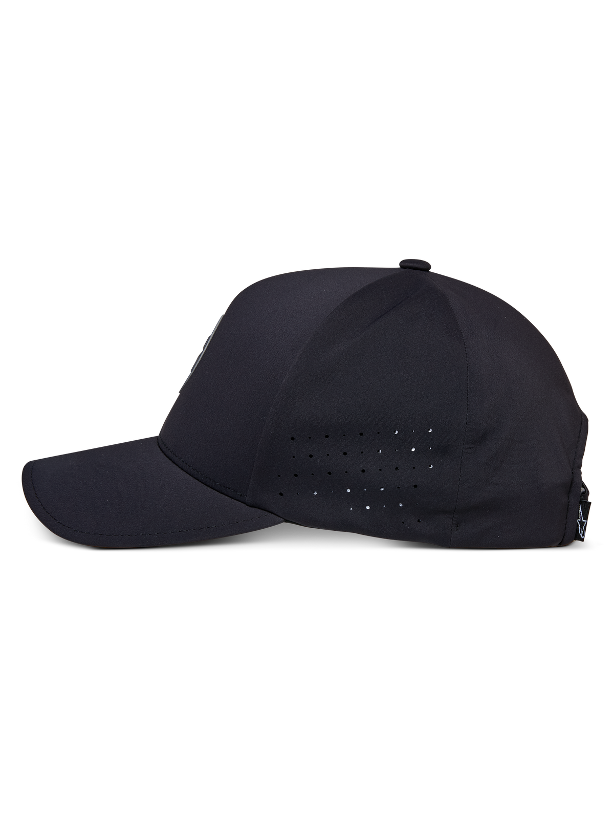 Alpinestars Apex Hat, gorra negra, vista de perfil lateral, visera curvada con copa estructurada, perforaciones en los paneles laterales para transpirabilidad, tejido técnico que absorbe la humedad, ropa deportiva casual de alto rendimiento