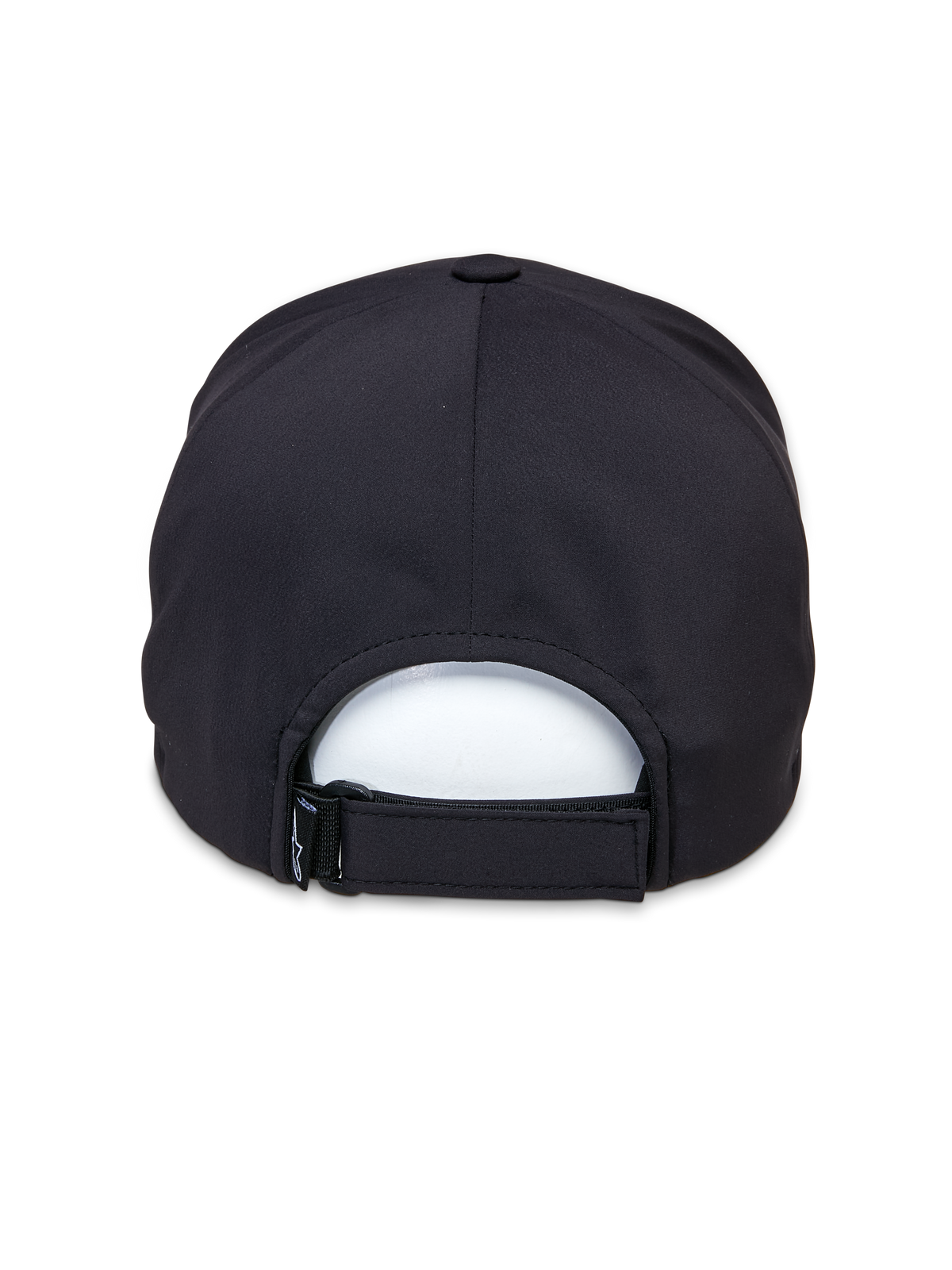 Gorra Alpinestars Apex, negra, vista trasera que muestra la correa de velcro ajustable, construcción de la copa sin costuras y tejido transpirable de alto rendimiento para ropa deportiva casual