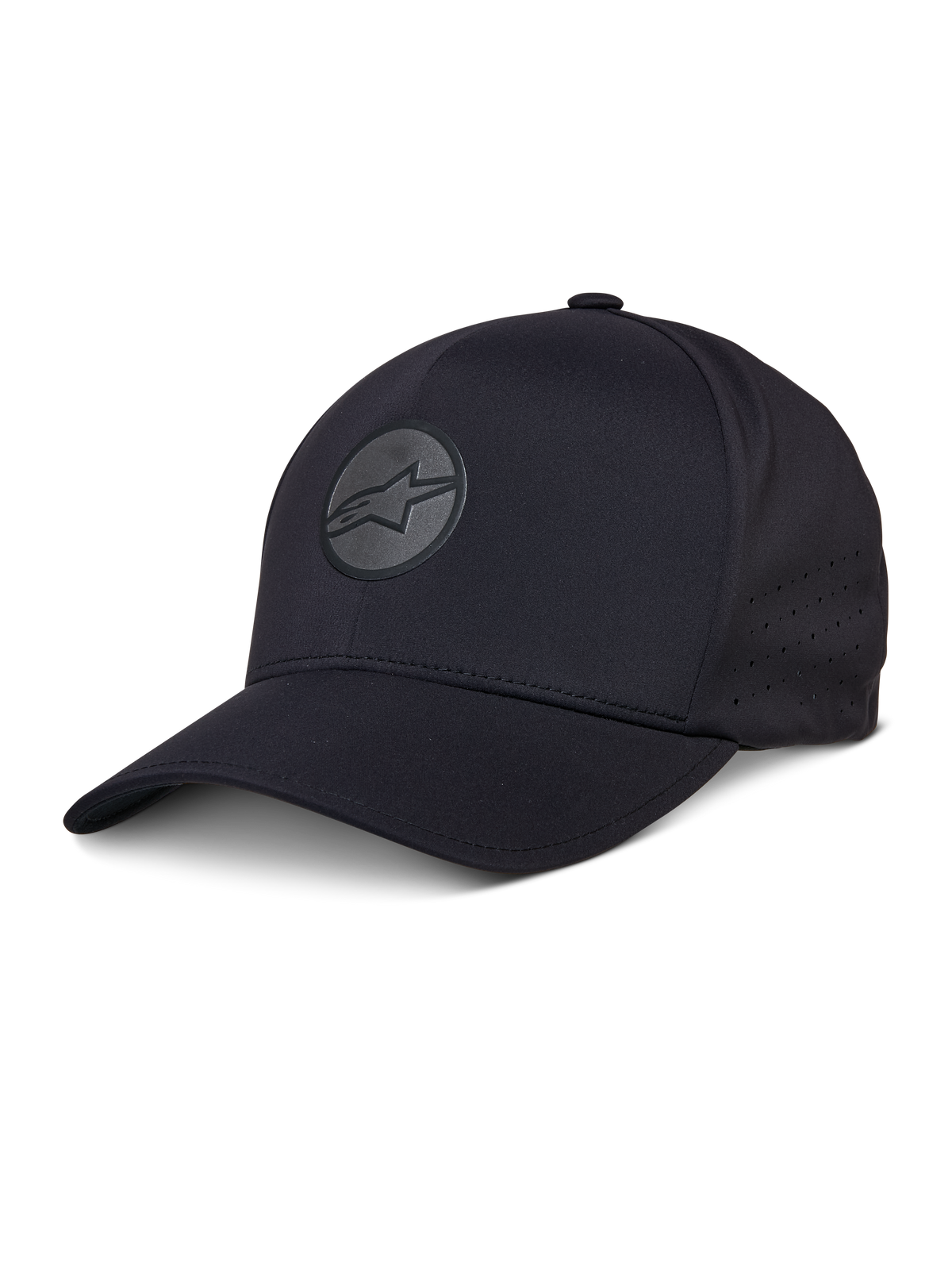 Alpinestars Apex Hat, gorra de béisbol negra con visera curva, logo circular reflectante con estrella, paneles laterales perforados para ventilación, prenda de cabeza deportiva de alto rendimiento