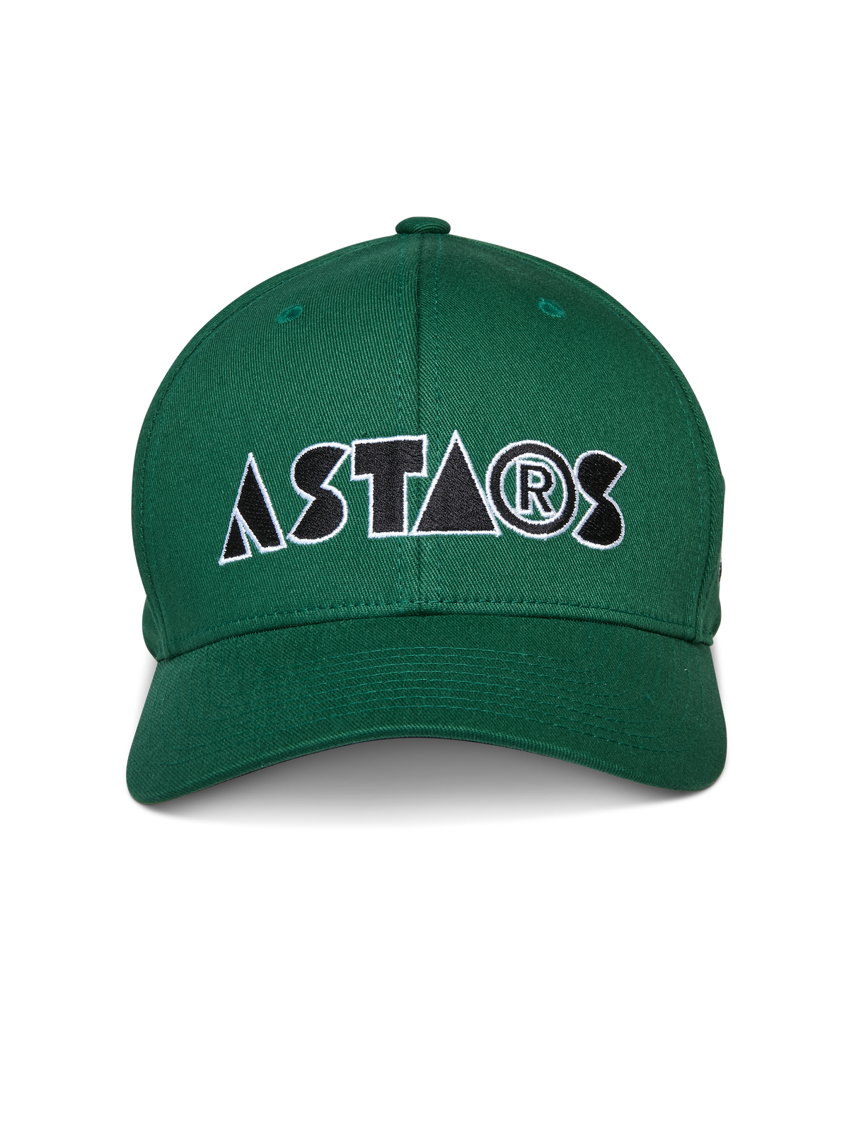 Alpinestars Cereal Hat, gorra verde de béisbol con visera curva, bordado estilizado del logotipo "ASTARS" en blanco y negro en la parte frontal, ropa deportiva casual