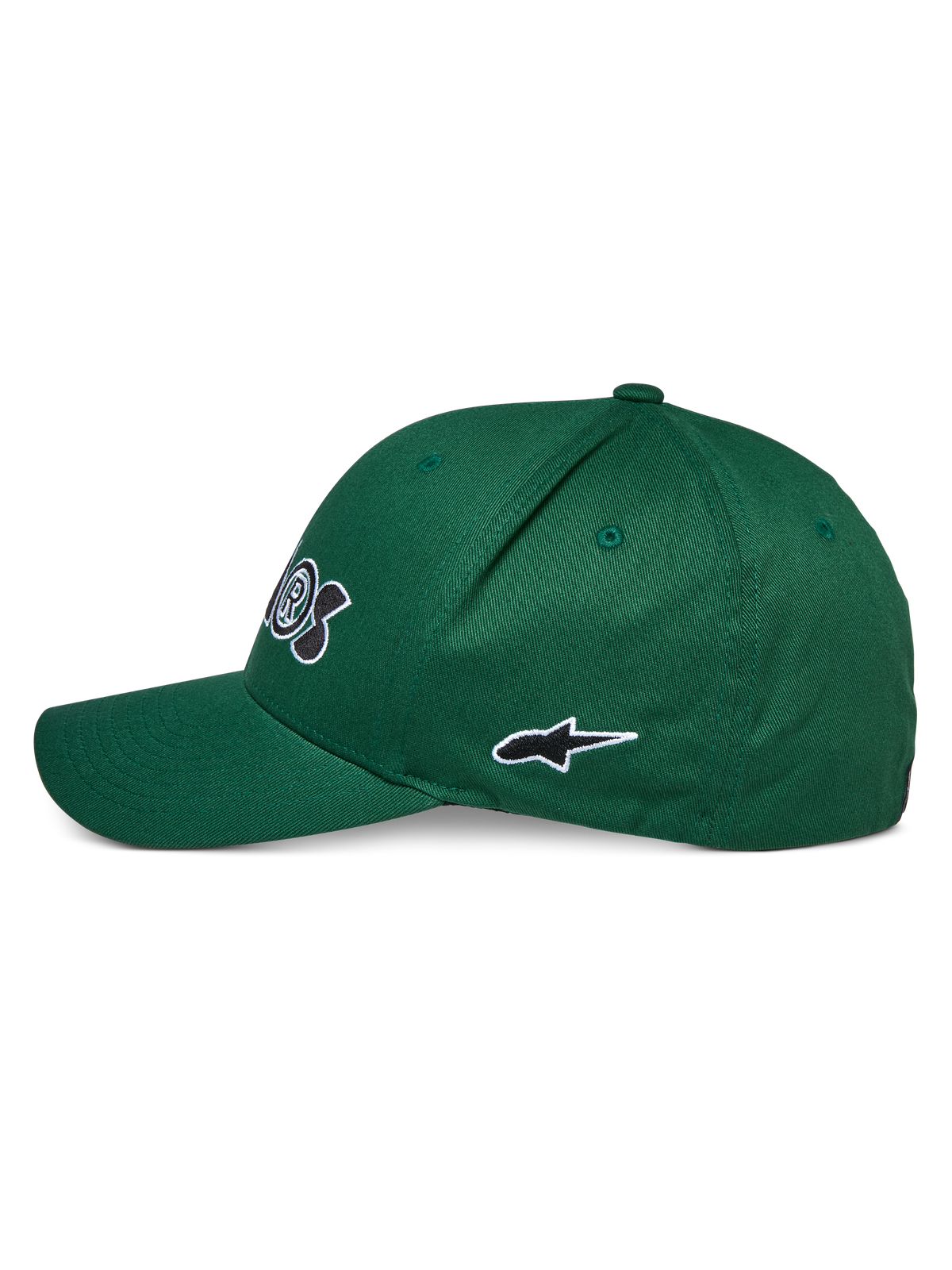 Gorra Cereal de Alpinestars, verde, vista de perfil lateral, con visera curva y logotipo de estrella bordado en blanco y negro, prenda deportiva casual