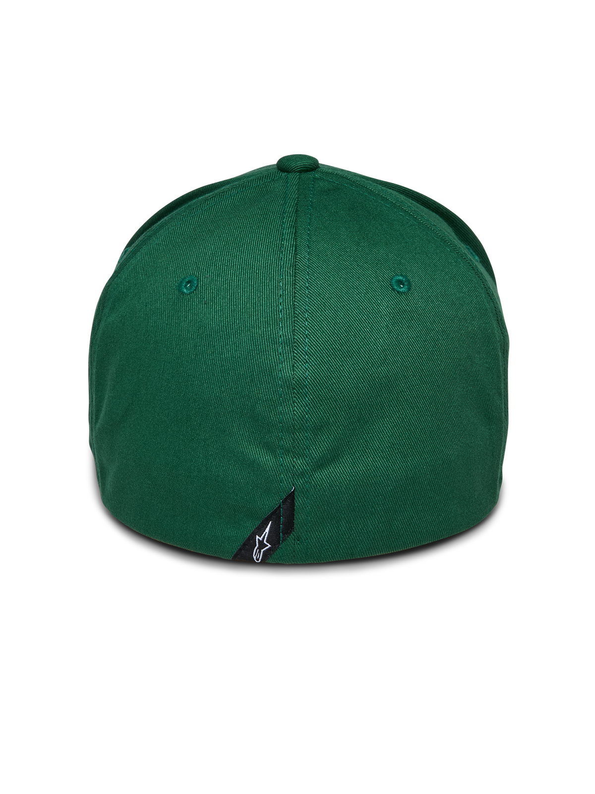 Gorra Alpinestars Cereal, verde, vista posterior de gorra de béisbol con ajuste flexible, con una pequeña etiqueta negra con el logo de Alpinestars en la costura trasera, corona estructurada en tejido de sarga elástica