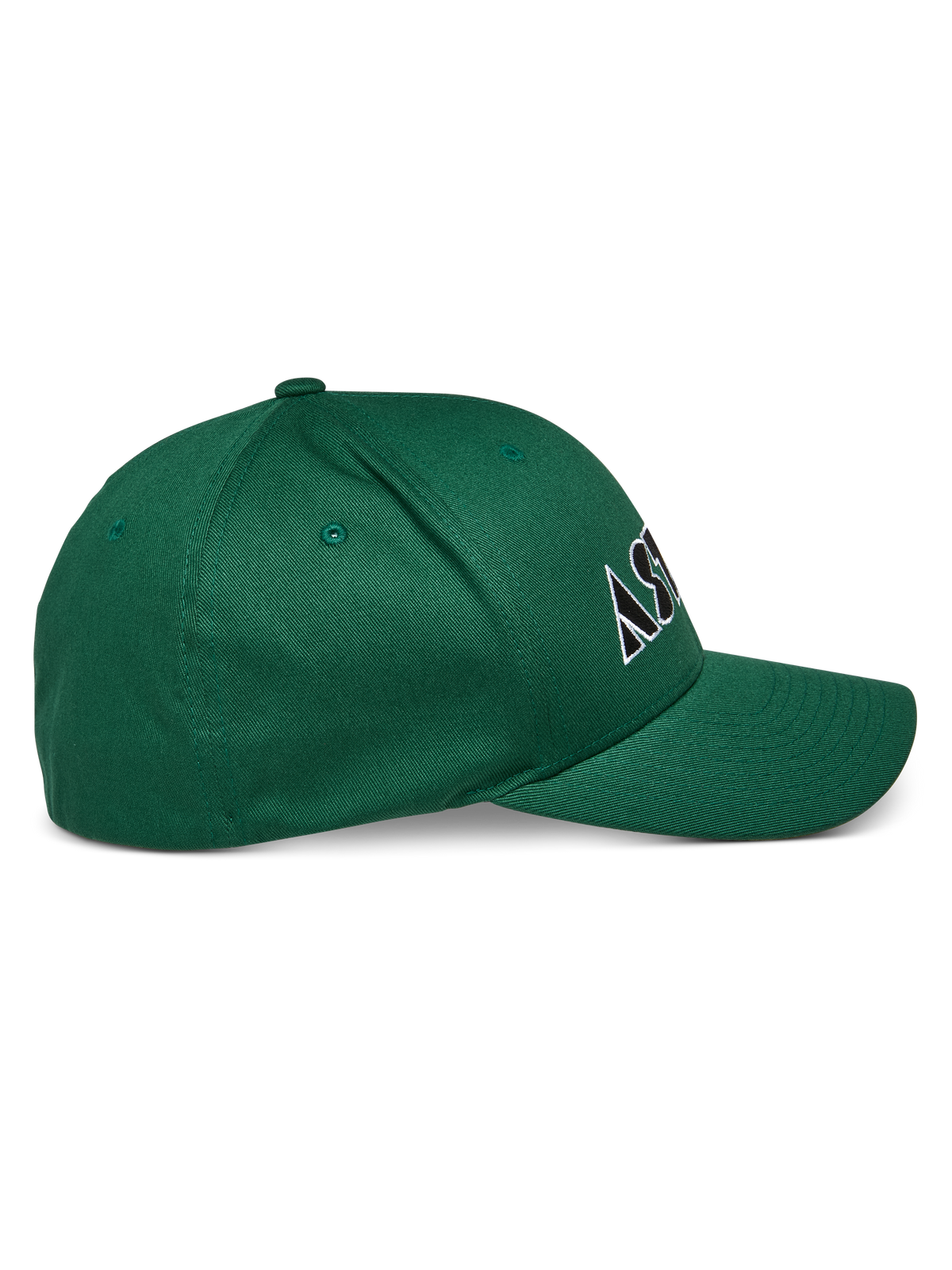 Gorra Cereal de Alpinestars, verde, gorra de visera curva con corona estructurada, logotipo bordado en blanco y negro, vista de perfil lateral, ropa deportiva casual