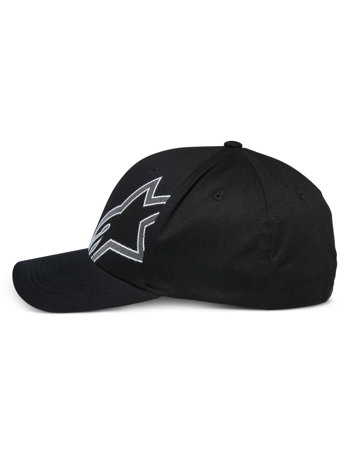 Alpinestars Gorra Share, gorra de béisbol negra, vista de perfil lateral, con un gran logotipo de Astars perfilado en blanco, visera curva, corona estructurada, accesorio casual inspirado en el automovilismo
