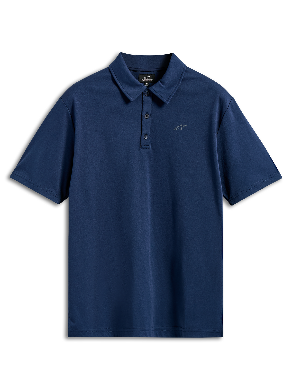 Polo Alpinestars Impetus Sport, polo de manga corta, azul marino, tejido de malla simulada con tapeta de tres botones y pequeño logotipo Astars gris en el pecho, ropa deportiva casual de automovilismo
