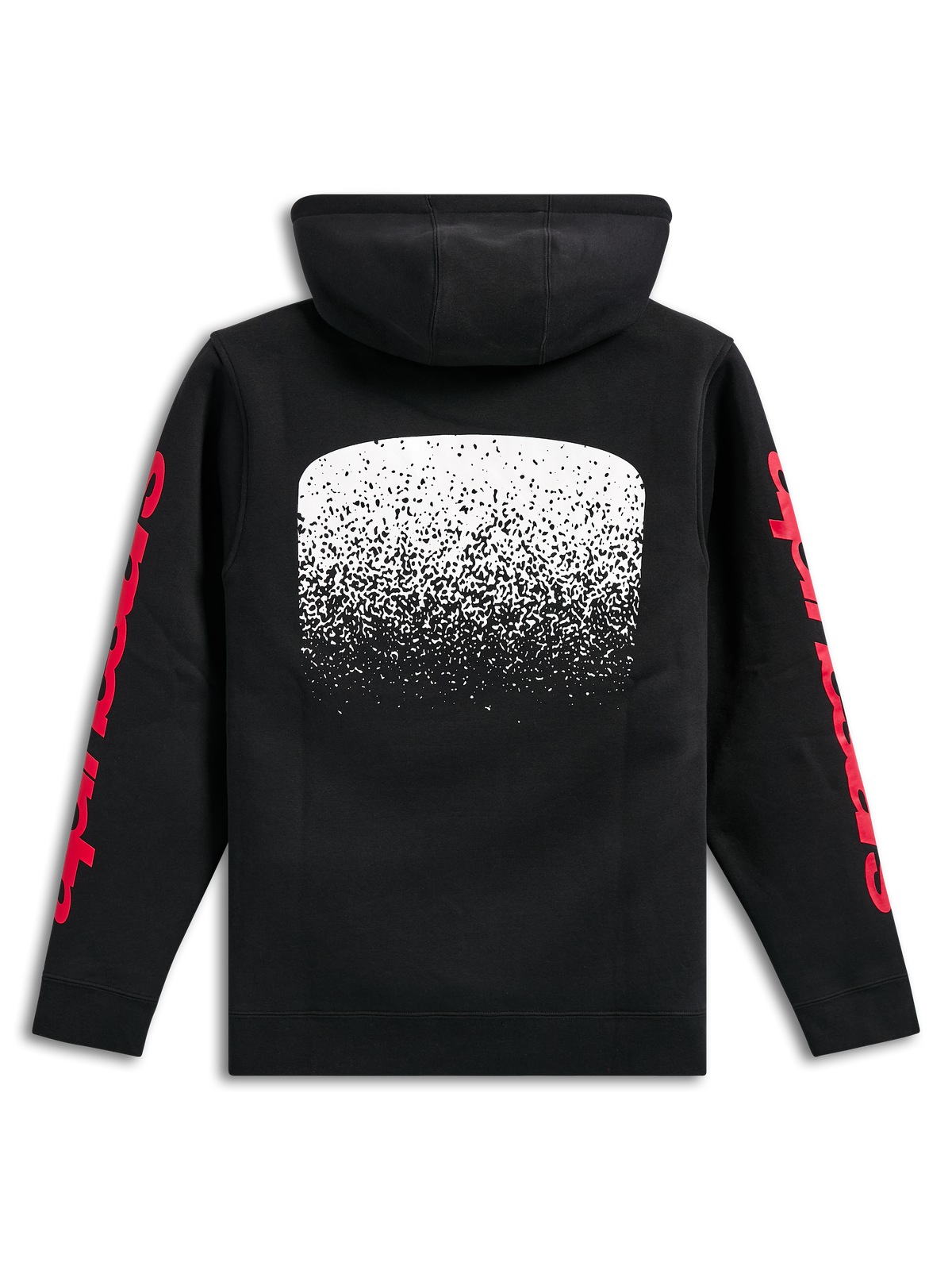 Sudadera con capucha Alpinestars Obsessed, sudadera de forro polar negra, vista posterior, gran gráfico blanco con degradado MX en la espalda, logotipos de Alpinestars en rojo en las mangas, estilo streetwear casual inspirado en el motorsport