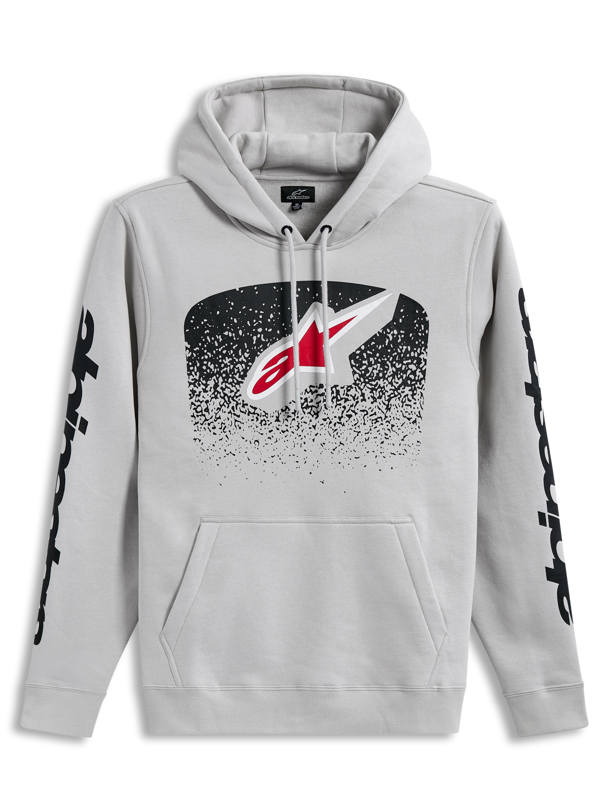Alpinestars Obsessed Hoodie, sudadera gris cemento con logotipo frontal MX degradado y gráficos negros en las mangas.