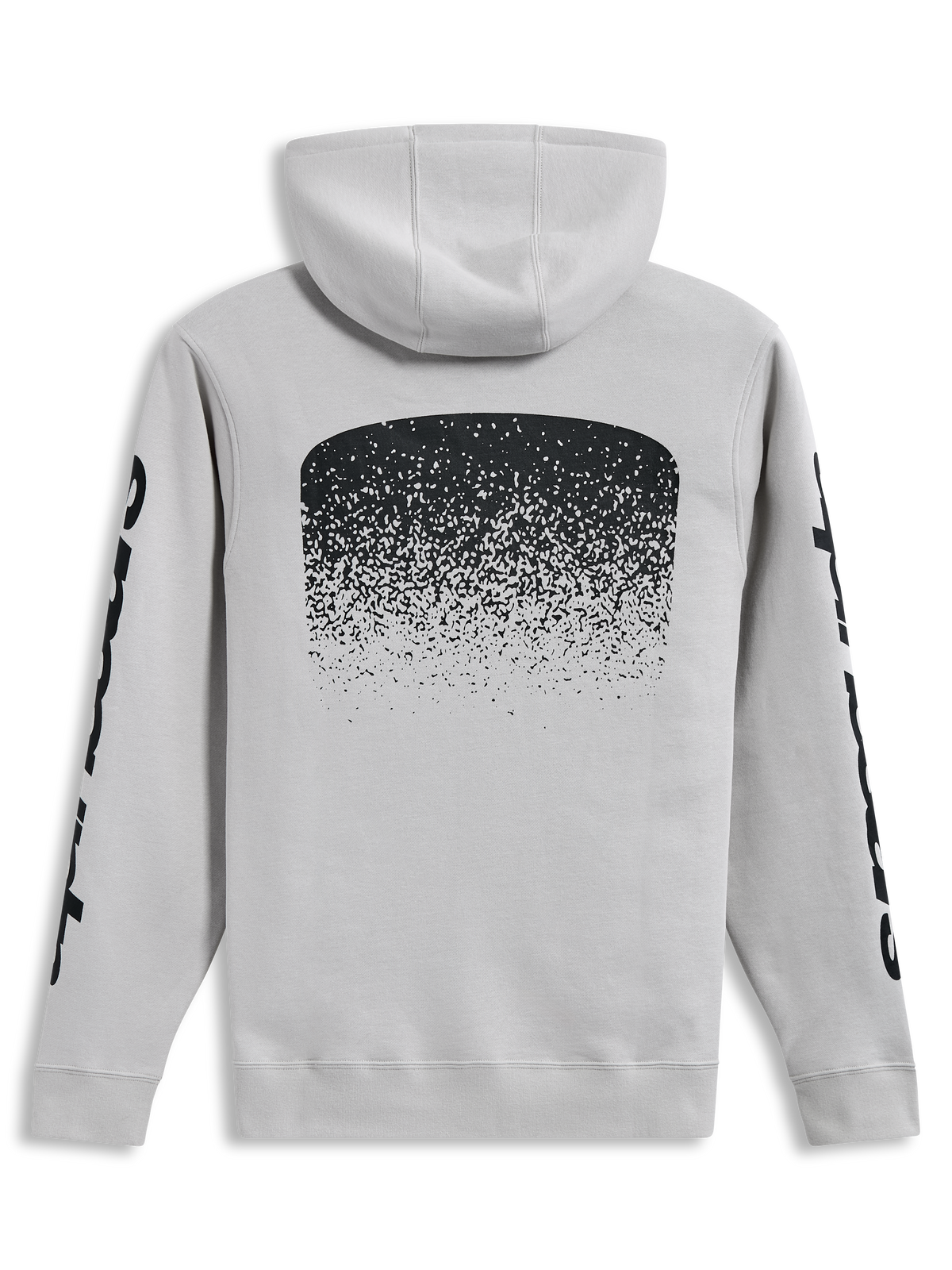 Alpinestars Obsessed Hoodie, sudadera con capucha tipo pullover, vista trasera en color gris cemento con gráfico degradado y logotipos en las mangas en negro, ropa deportiva casual