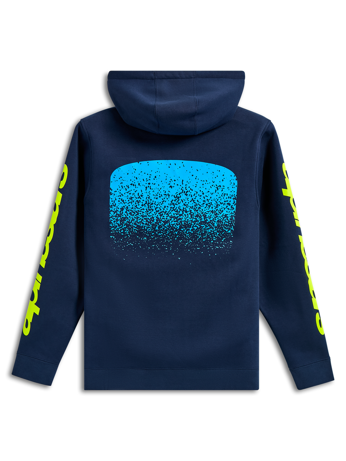 Sudadera Alpinestars Obsessed Hoodie, vista posterior, azul marino, gráfico con degradado MX en azul claro en la espalda, logotipos de Alpinestars en amarillo en las mangas, estilo casual motorsport streetwear