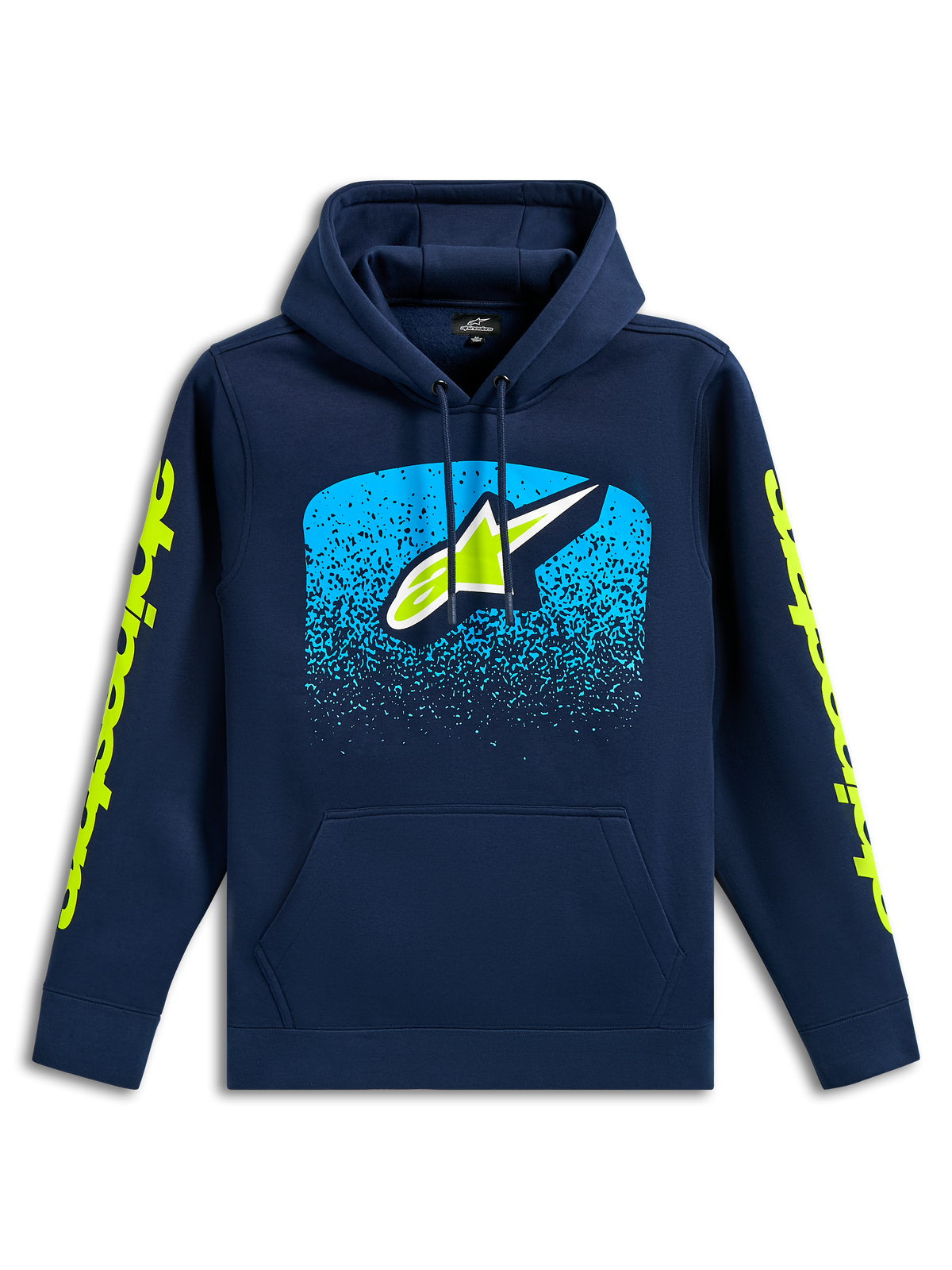 Alpinestars Obsessed Hoodie, sudadera informal de color azul marino, logotipo frontal de Astars con gráfico de degradado MX en cian, logotipos con el nombre de la marca en verde lima en las mangas, capucha con cordón y bolsillo tipo canguro, diseño inspirado en el motorsport