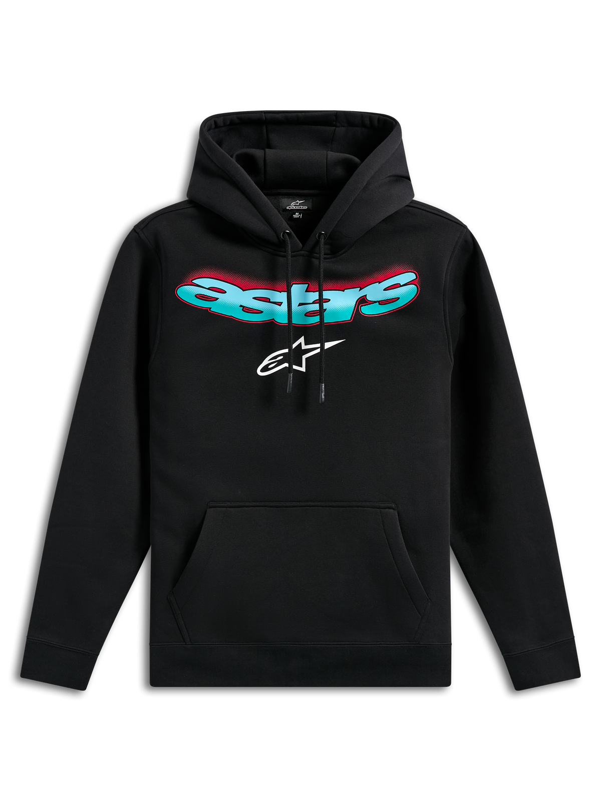 Alpinestars Ellipsoid Hoodie, sudadera de forro polar negro, con el nombre Astars curvado en degradado verde azulado y rojo y logotipo de estrella blanco, capucha con cordón, bolsillo de canguro, estilo casual inspirado en el automovilismo