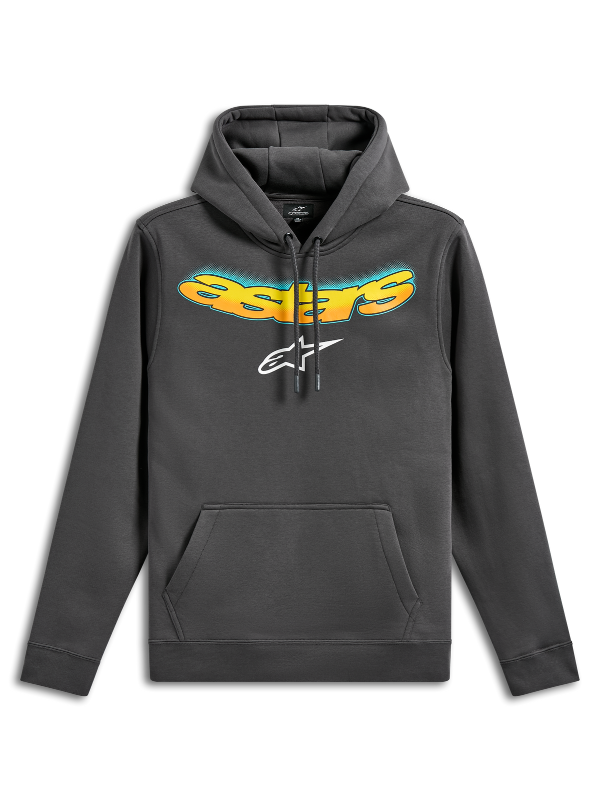 Sudadera con capucha Alpinestars Ellipsoid, sudadera de felpa tipo pulóver, color gris plomo, con la palabra Astars curva en degradado amarillo y naranja y el logotipo de Astars en blanco, bolsillo de canguro delantero, estilo urbano casual inspirado en el automovilismo