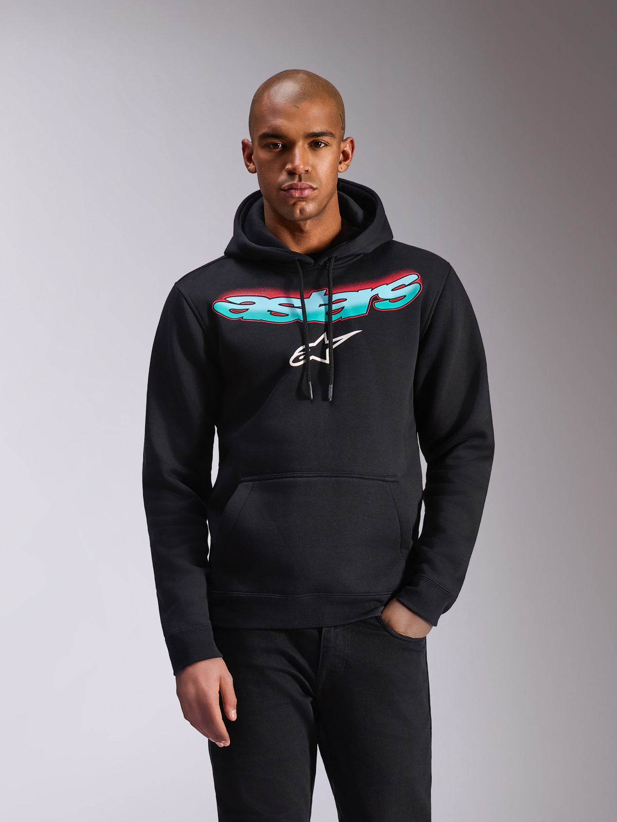 Sudadera con capucha Alpinestars Ellipsoid, forro polar negro, marca Astars con degradado en verde azulado y rosa y logotipo de estrella blanca en el pecho, capucha con cordón, bolsillo tipo canguro, ropa deportiva casual