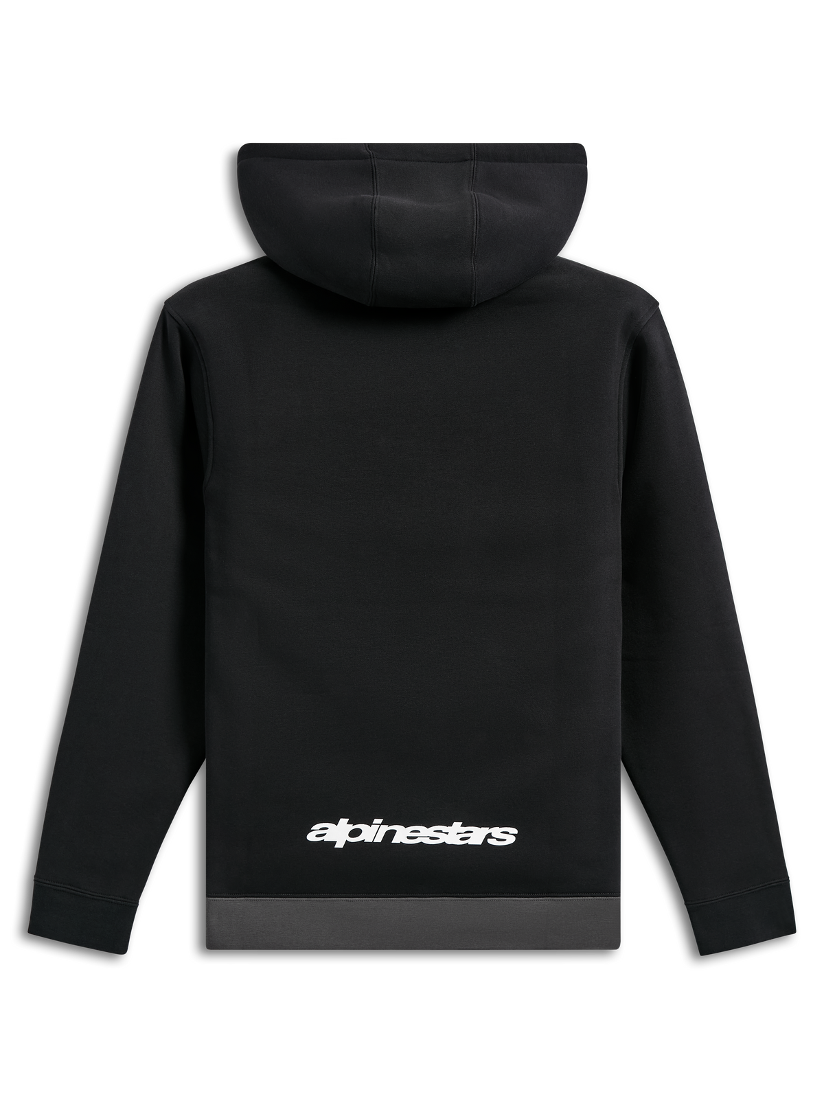 Sudadera con capucha Alpinestars Parallel, vista trasera, negra con dobladillo en gris gunmetal, logotipo de palabra Alpinestars en blanco en la parte inferior de la espalda, ropa de calle casual inspirada en el automovilismo, mangas largas con puños de canalé
