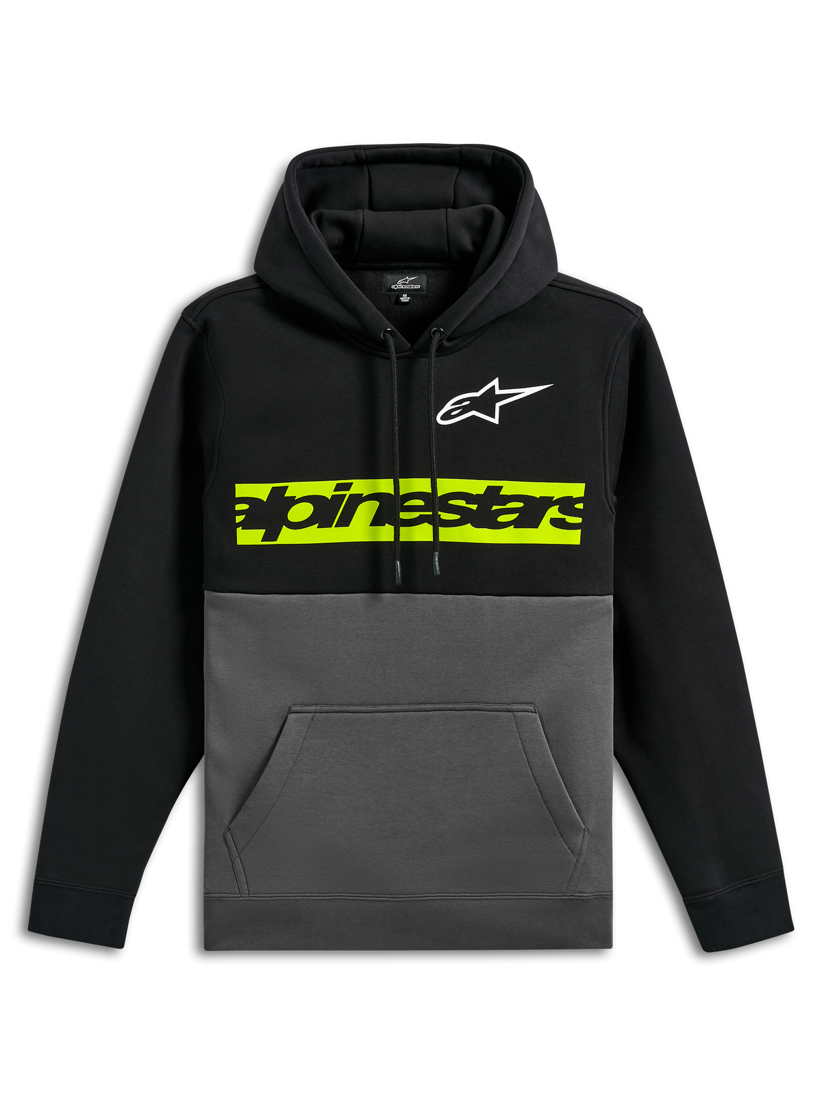 Sudadera con capucha Alpinestars Parallel, sudadera informal con diseño de bloques de color, parte superior y mangas negras con parte inferior en gris plomo, logo Astars blanco en el pecho, franja horizontal en verde amarillento vibrante con el logotipo de Alpinestars en negro, capucha con cordón y bolsillo de canguro frontal