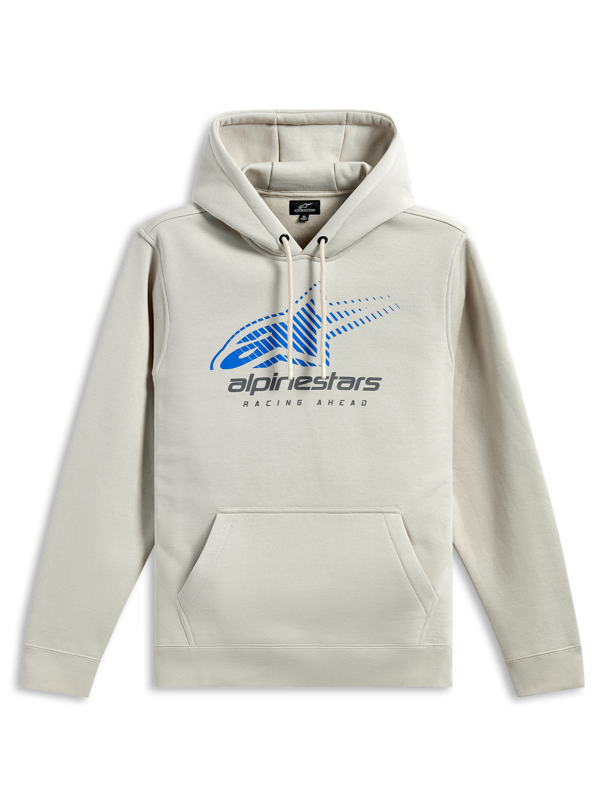 Sudadera con capucha Alpinestars Pulse, estilo urbano casual, color blanco roto con logotipo Astars en azul y marca en gris, bolsillo tipo canguro frontal, capucha con cordón, mangas largas, diseño moderno inspirado en el motociclismo