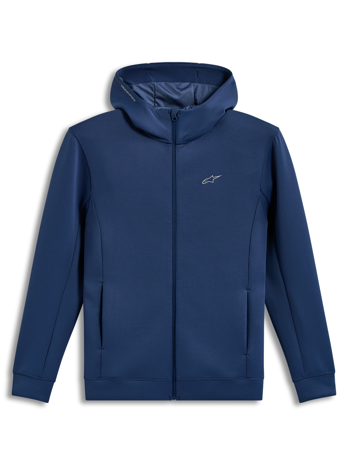 Alpinestars Cypher Hoodie, sudadera azul acero con cremallera, capucha de cuello alto y forro polar, ropa deportiva.