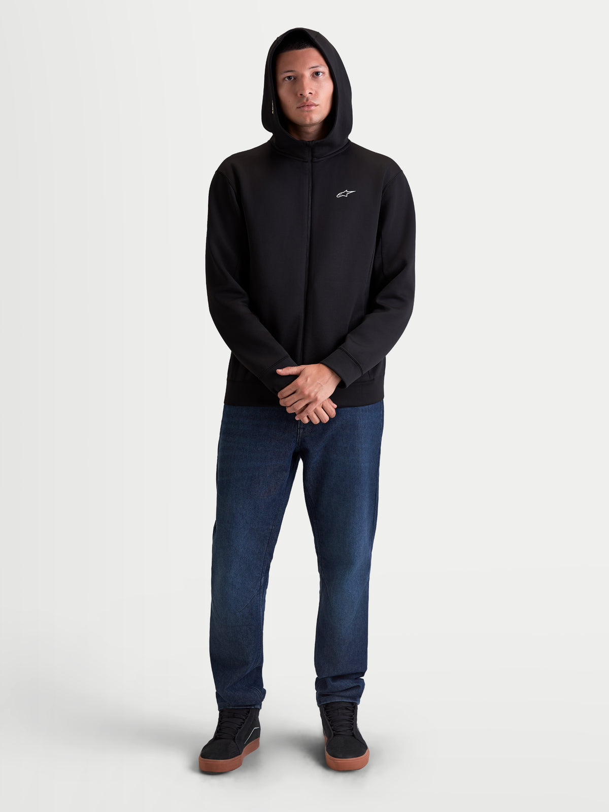 Alpinestars sudadera con capucha Cypher, sudadera de deporte para hombre con cremallera completa, negra, forro polar de triple mezcla con capucha de cuello alto forrada de malla y logotipo Astars blanco en el pecho, ropa deportiva casual