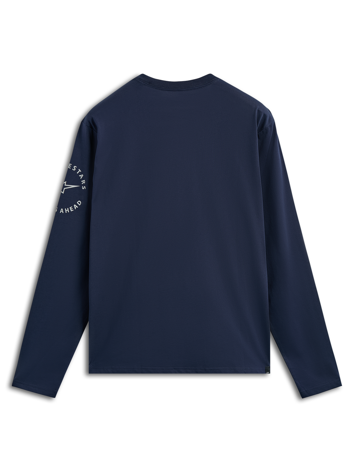 Alpinestars Mandatory CSF Tee, camiseta de manga larga, azul marino, vista trasera que muestra el logotipo circular blanco de Astars en la manga izquierda, ropa urbana casual inspirada en el motorsport