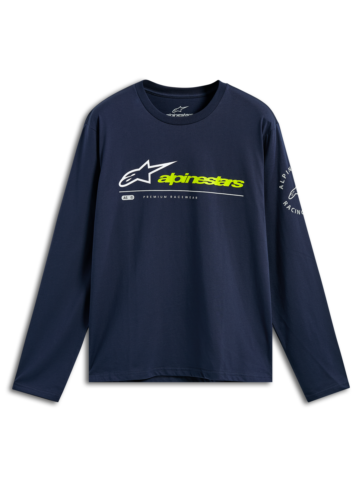 Camiseta Alpinestars Mandatory CSF, camiseta de manga larga, azul marino, logo Astars blanco y texto Alpinestars en amarillo neón en la parte frontal, logo circular en la manga, ropa deportiva casual de automovilismo