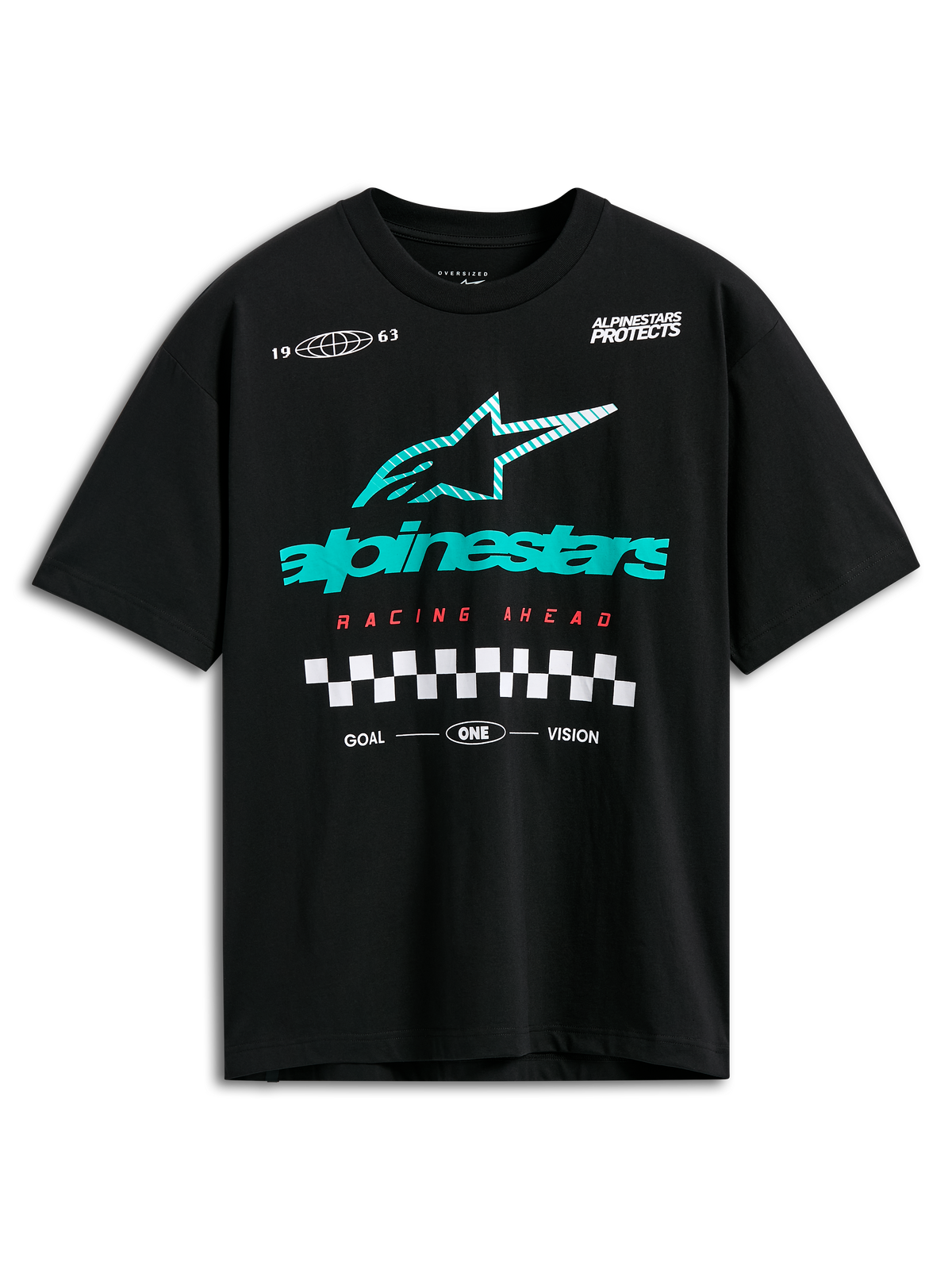 Alpinestars Aplomb Oversized CSF Tee, camiseta de manga corta, negra, logotipo grande de Astars con rayas en verde azulado y blanco, texto Racing Ahead en rojo y gráfico de cuadros, estilo casual motorsport