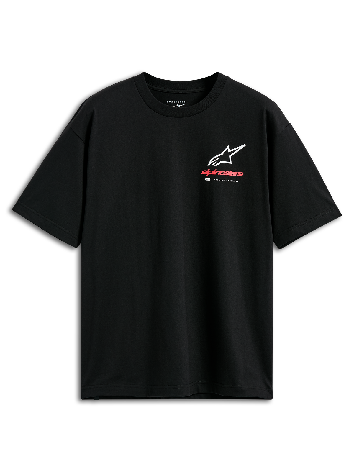 Camiseta Alpinestars Overhang Oversized CSF, camiseta de manga corta, negra, combinación de logotipo Astars frontal en blanco y rojo con la marca 'Premium Racewear', estilo urbano de automovilismo con ajuste oversized