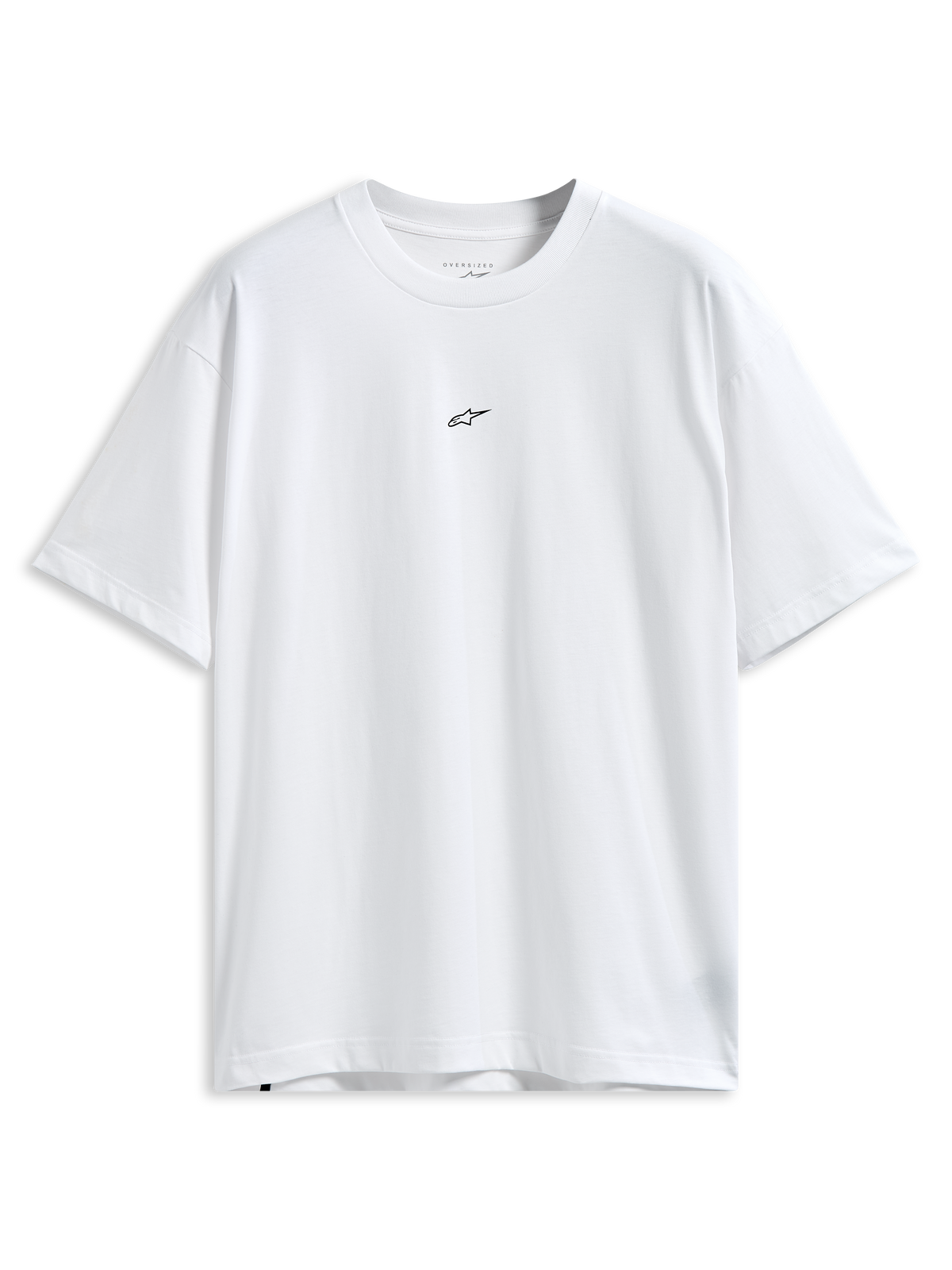 Alpinestars Focused Oversized CSF Tee, camiseta de manga corta, blanca, pequeño logotipo negro de Astars en el pecho, ajuste relajado de gran tamaño, estilo casual motorsport streetwear