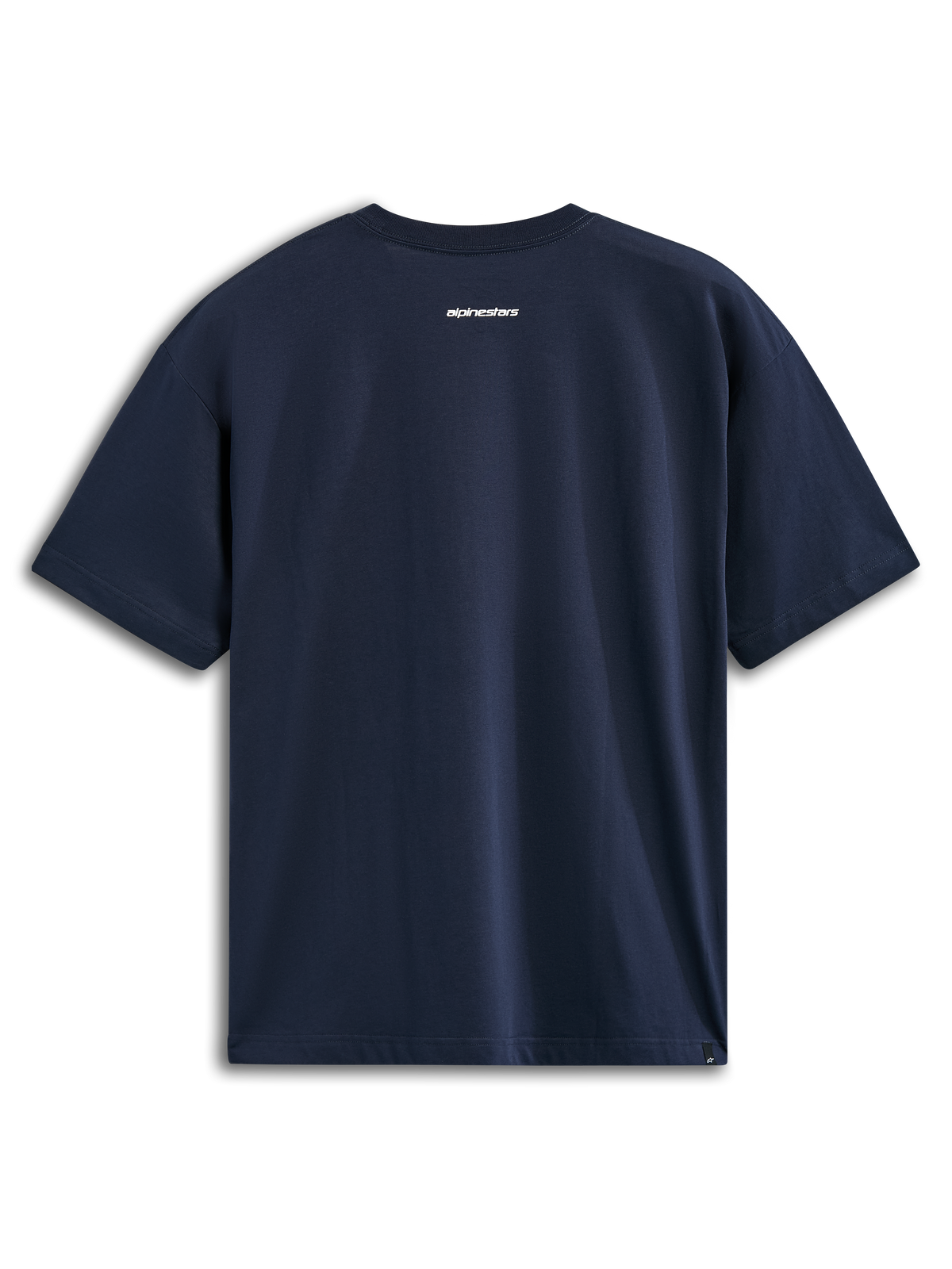 Camiseta Alpinestars Focused Oversized CSF, camiseta de manga corta, azul marino, vista posterior con el pequeño logotipo de texto de Alpinestars en blanco, ropa urbana casual de automovilismo