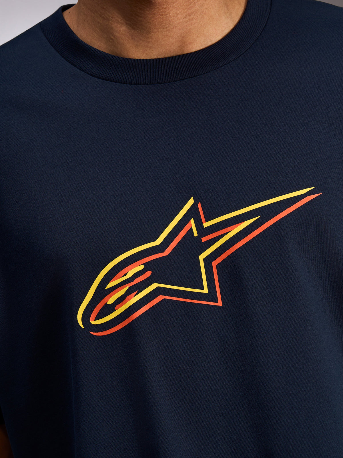 Alpinestars Alter Oversized CSF Tee, Short Sleeve T-Shirt, Navy Blue, Close-up of front Astars logo with yellow and orange color off-set, Casual Motorsport Streetwear
