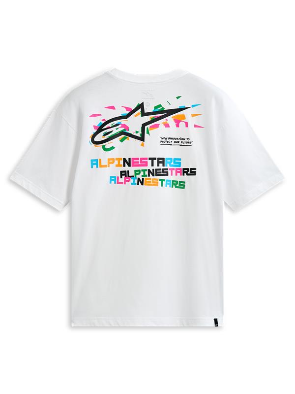 Alpinestars Wild Oversized CSF Tee, camiseta de mangas cortas blanca, vista trasera con gráfico de logotipo multicolor vibrante y texto