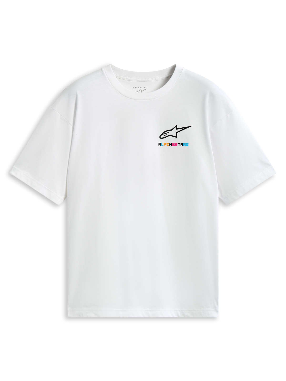 Alpinestars T-Shirt Wild Oversized CSF, camiseta de mangas cortas blanca con logotipo multicolor en el pecho, ropa deportiva de corte oversize