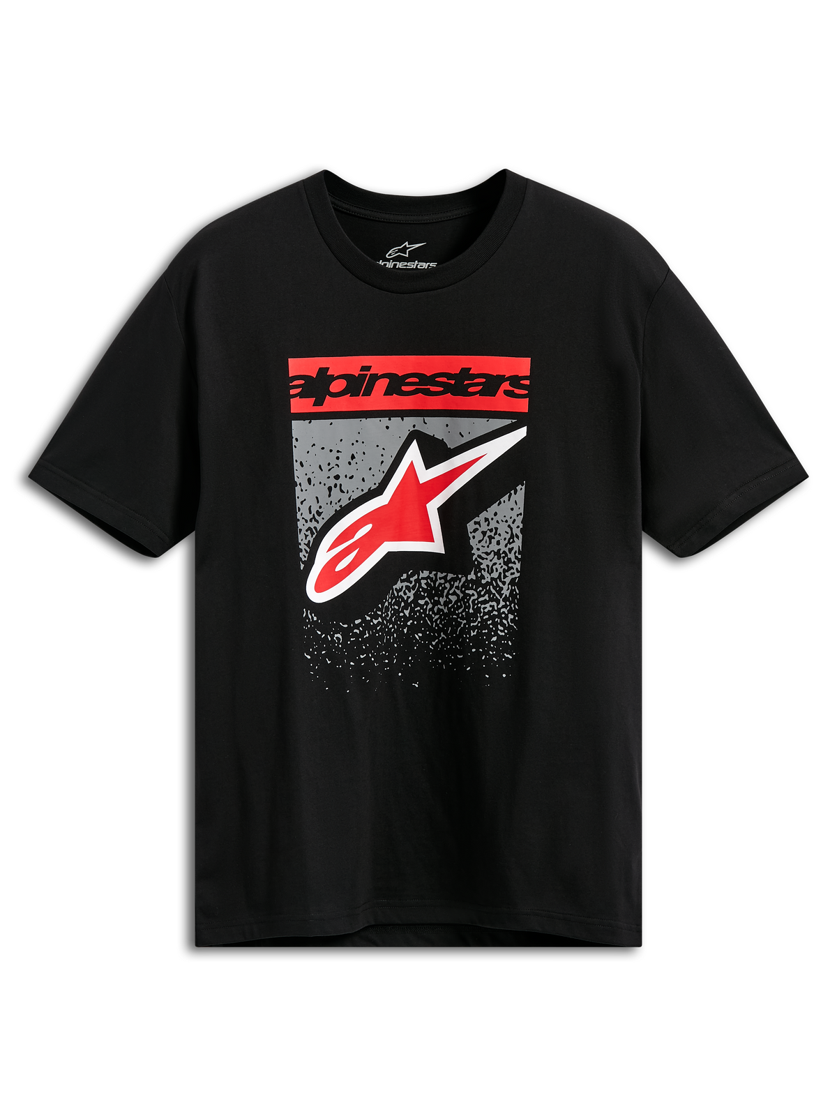 Alpinestars Noka CSF Tee, camiseta de manga corta, negra, texto de bloque Alpinestars en rojo y logo de la estrella con gráfico degradado MX en gris, ropa casual de estilo automovilismo