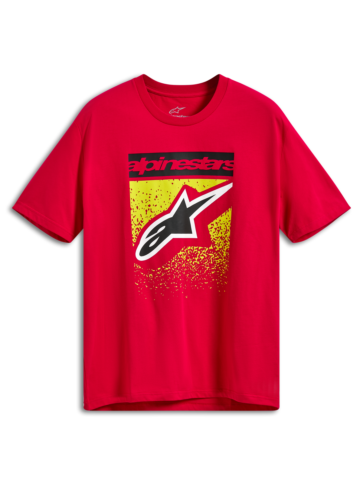 Alpinestars Noka CSF Tee, Short Sleeve T-Shirt, Red, Front Graphic with Black Alpinestars Text Bar and Large Astars Logo over Yellow and Red MX Gradation Splatter, Casual Motorsport Sportswear