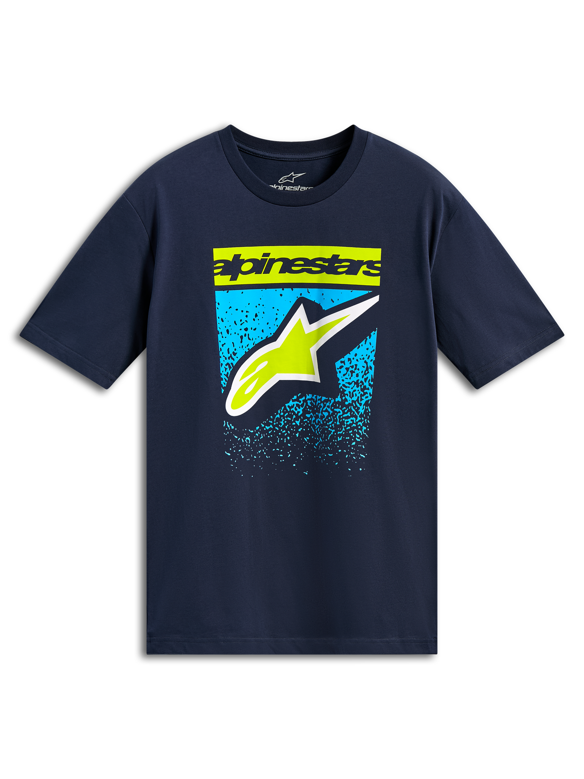 Alpinestars Noka CSF Tee, camiseta de manga corta, azul marino, logotipo y logo Astars en verde lima con gráfico de degradado azul, ropa urbana casual de motociclismo