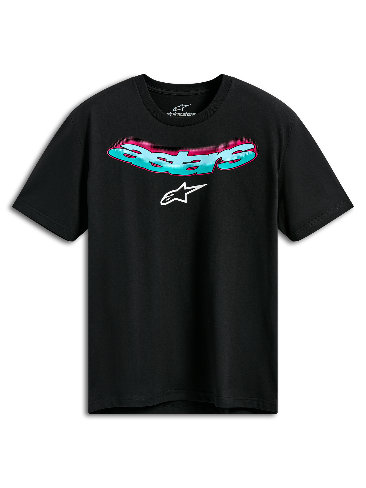 Alpinestars Ellipsoid CSF Tee, camiseta de manga corta, negra, palabra Astars curvada en color turquesa con degradado rosa y logotipo blanco, ropa deportiva casual de automovilismo