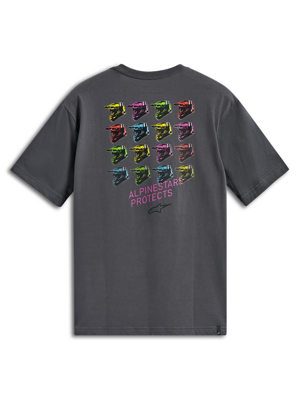 Alpinestars Pop Helmet CSF Tee, camiseta de manga corta, gris carbón, gráfico en la espalda con arte colorido de cascos M10 y logo Alpinestars Protects, ropa deportiva casual de motorsport