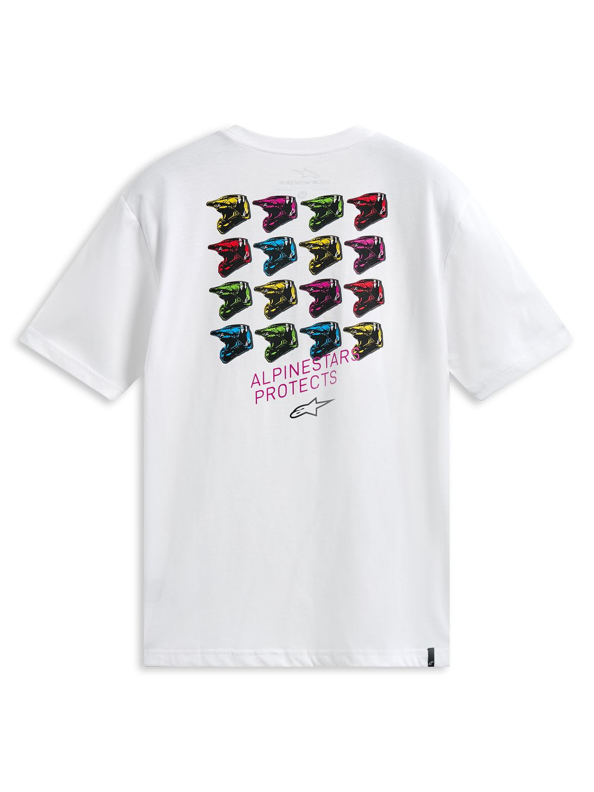 Camiseta Alpinestars Pop Helmet CSF, camiseta de manga corta, blanca, vista posterior con una cuadrícula de cascos M10 multicolores y el texto ALPINESTARS PROTECTS, ropa urbana casual inspirada en el motociclismo