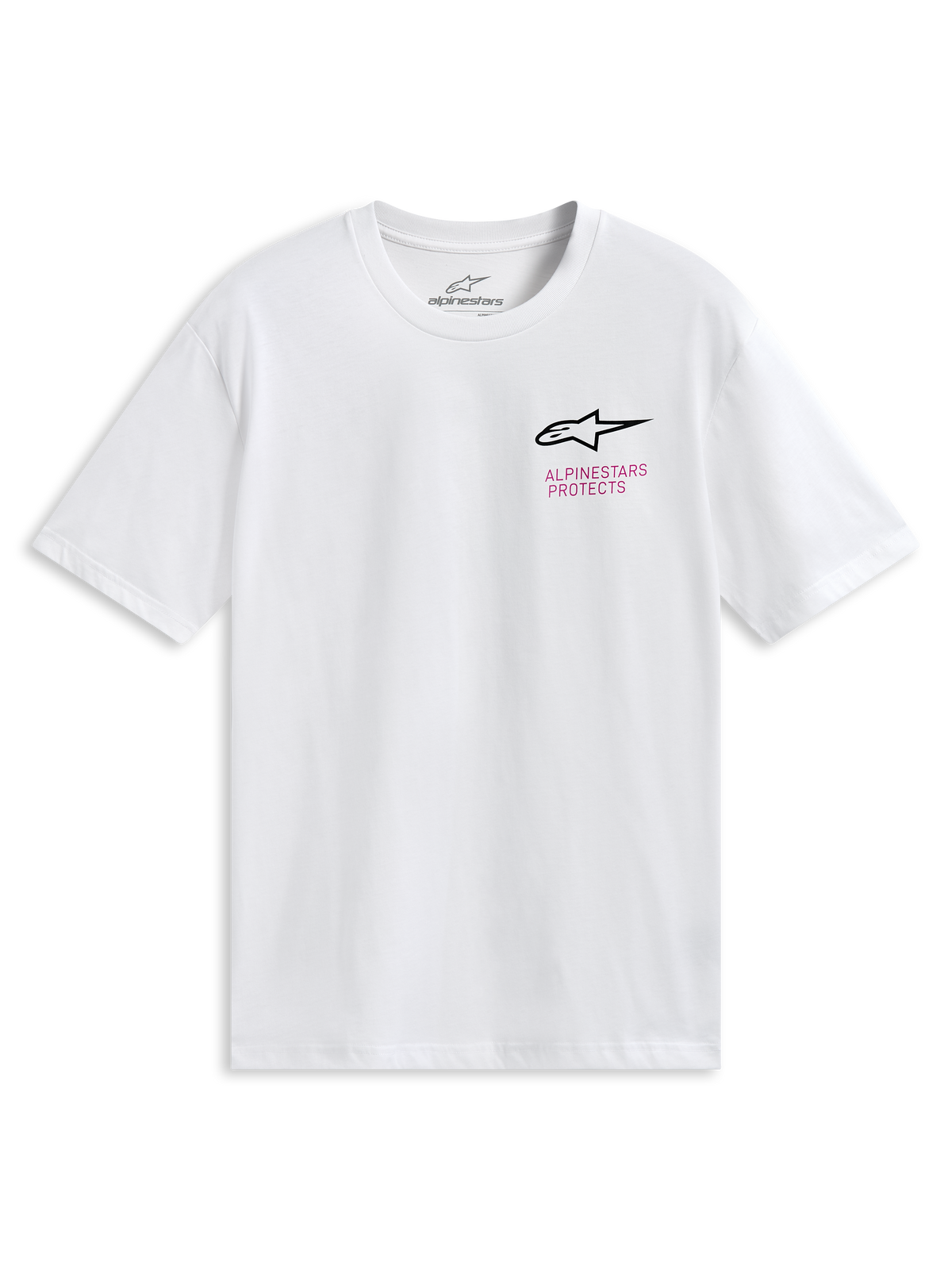 Alpinestars Pop Helmet CSF Tee, camiseta de manga corta, blanca, con el logo frontal de Astars y un gráfico colorido del casco M10 en la espalda, ropa deportiva casual de motor