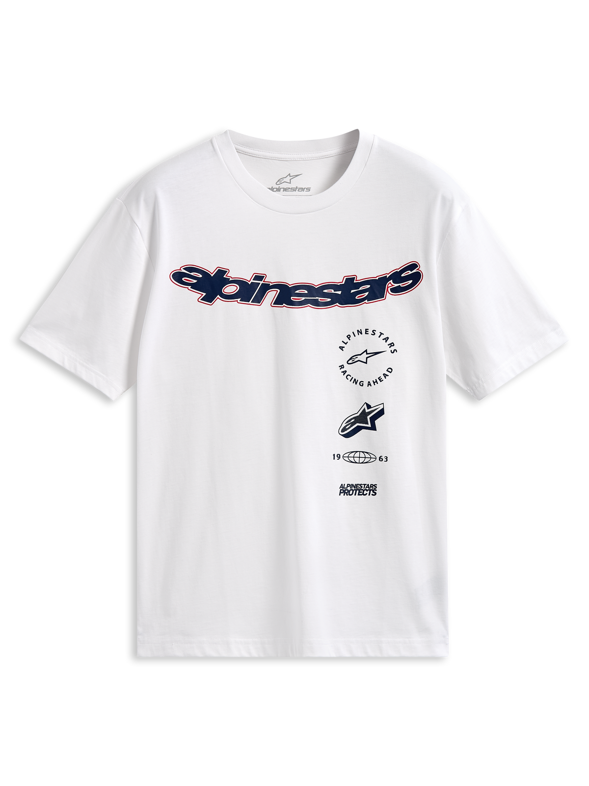 Camiseta Alpinestars Abus CSF, camiseta de manga corta, blanca, logotipo curvado de Alpinestars en azul marino con contorno rojo, gráficos múltiples apilados en la parte delantera, ropa urbana casual de automovilismo