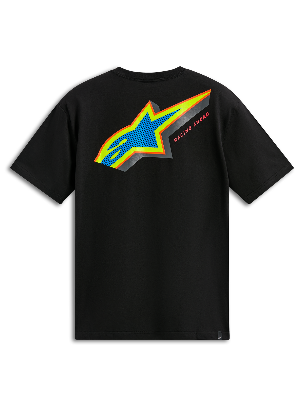 Alpinestars Angler CSF Tee, camiseta de manga corta, negra, vista trasera con logo Astars multicolor con relleno perforado azul y texto Racing Ahead, ropa casual de automovilismo