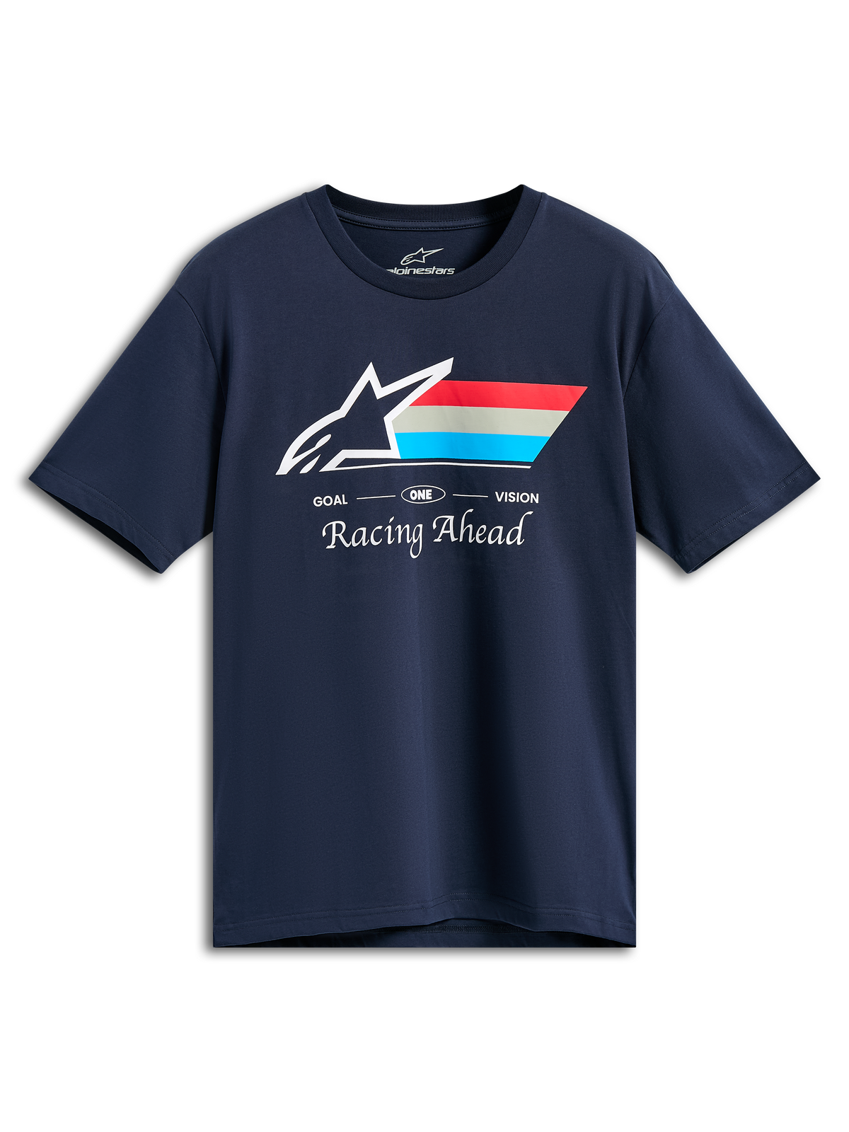 Camiseta Alpinestars Trifecta CSF, camiseta de manga corta, azul marino, logo de Astars blanco con rayas rojas, grises y cian, texto GOAL ONE VISION y Racing Ahead, estilo casual motorsport