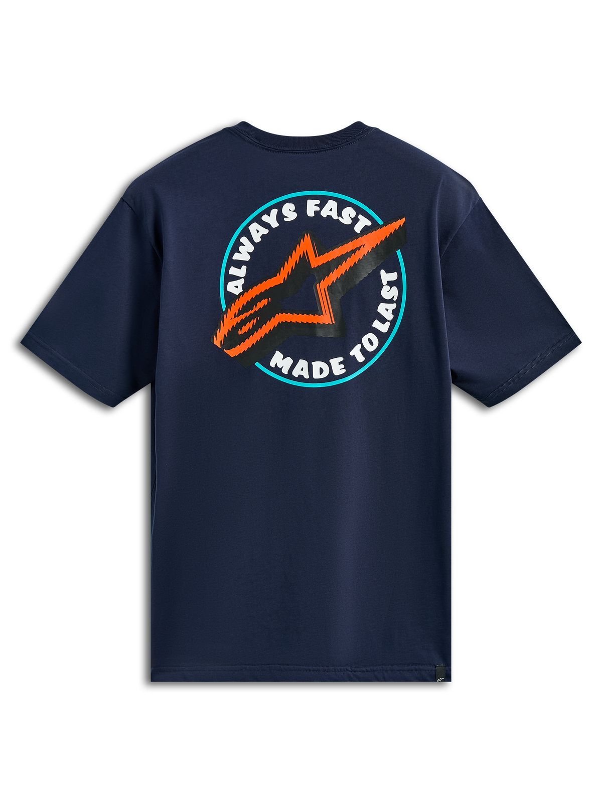 Alpinestars Aorbit CSF Tee, camiseta de manga corta, azul marino, vista posterior con gráfico circular Always Fast Made to Last y logotipo de estrella en naranja y negro, estilo casual motorsport