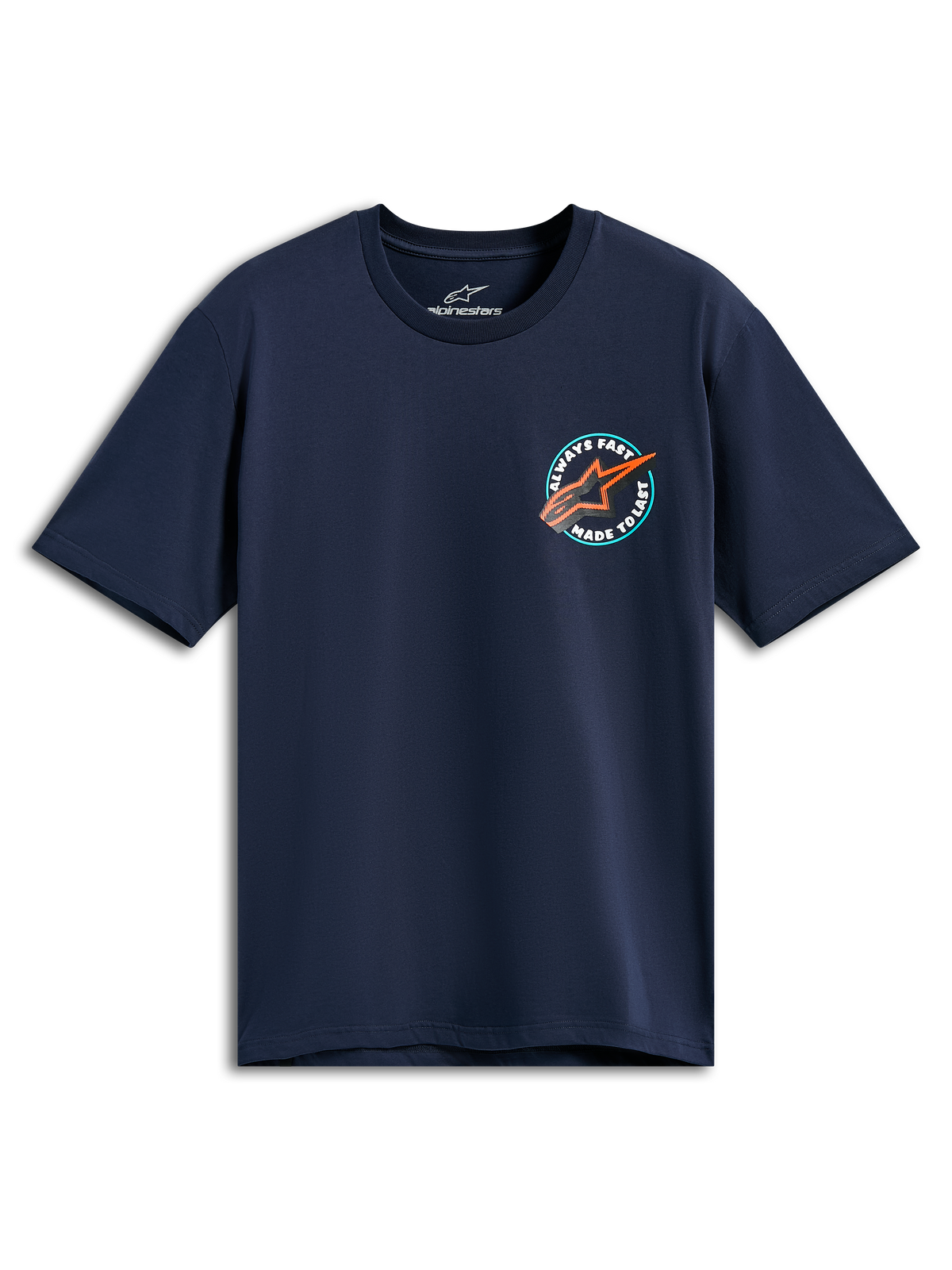 Alpinestars Aorbit CSF Tee, camiseta de manga corta, azul marino, gráfico circular en el pecho con el logotipo de Astars naranja y el texto Always Fast Made to Last, ropa deportiva casual de motor